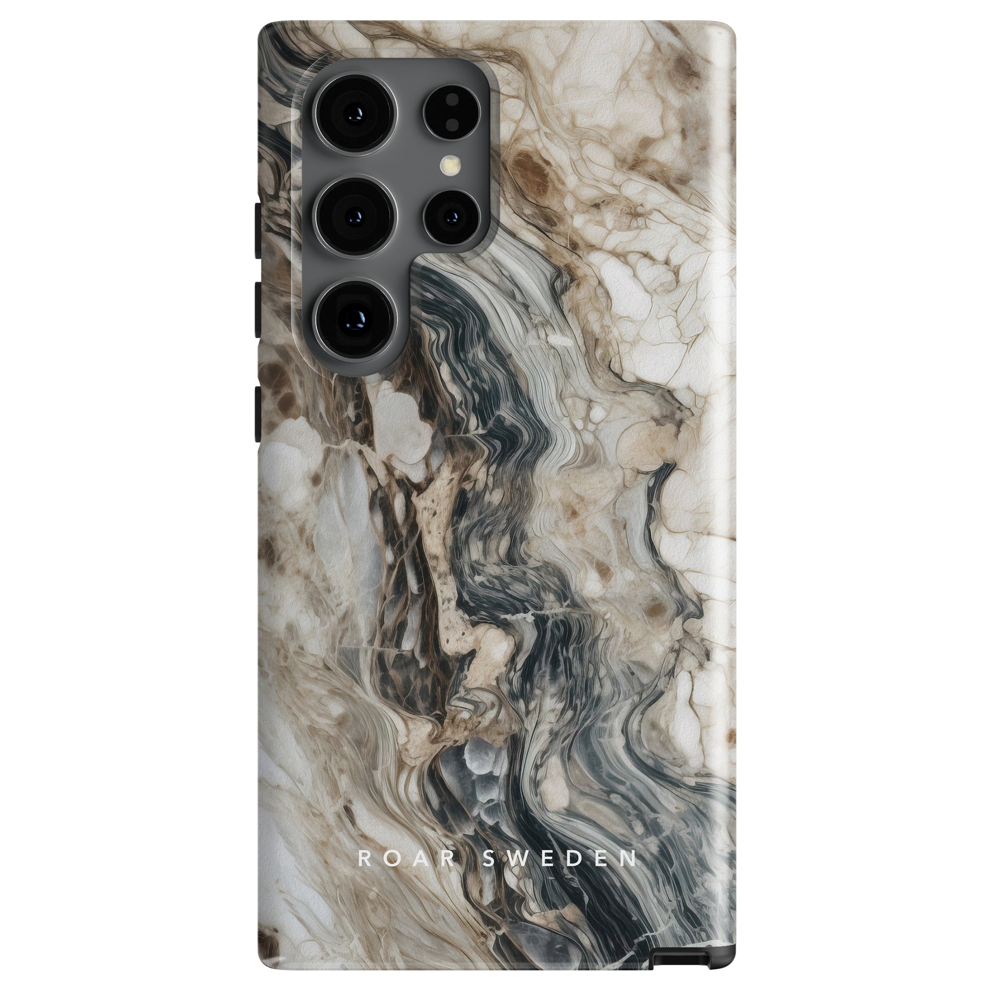 A smartphone with a marbled case featuring swirls of black, brown, and white from the Ocean-kollektion, with "Napoleon - Tough Case" printed at the bottom.