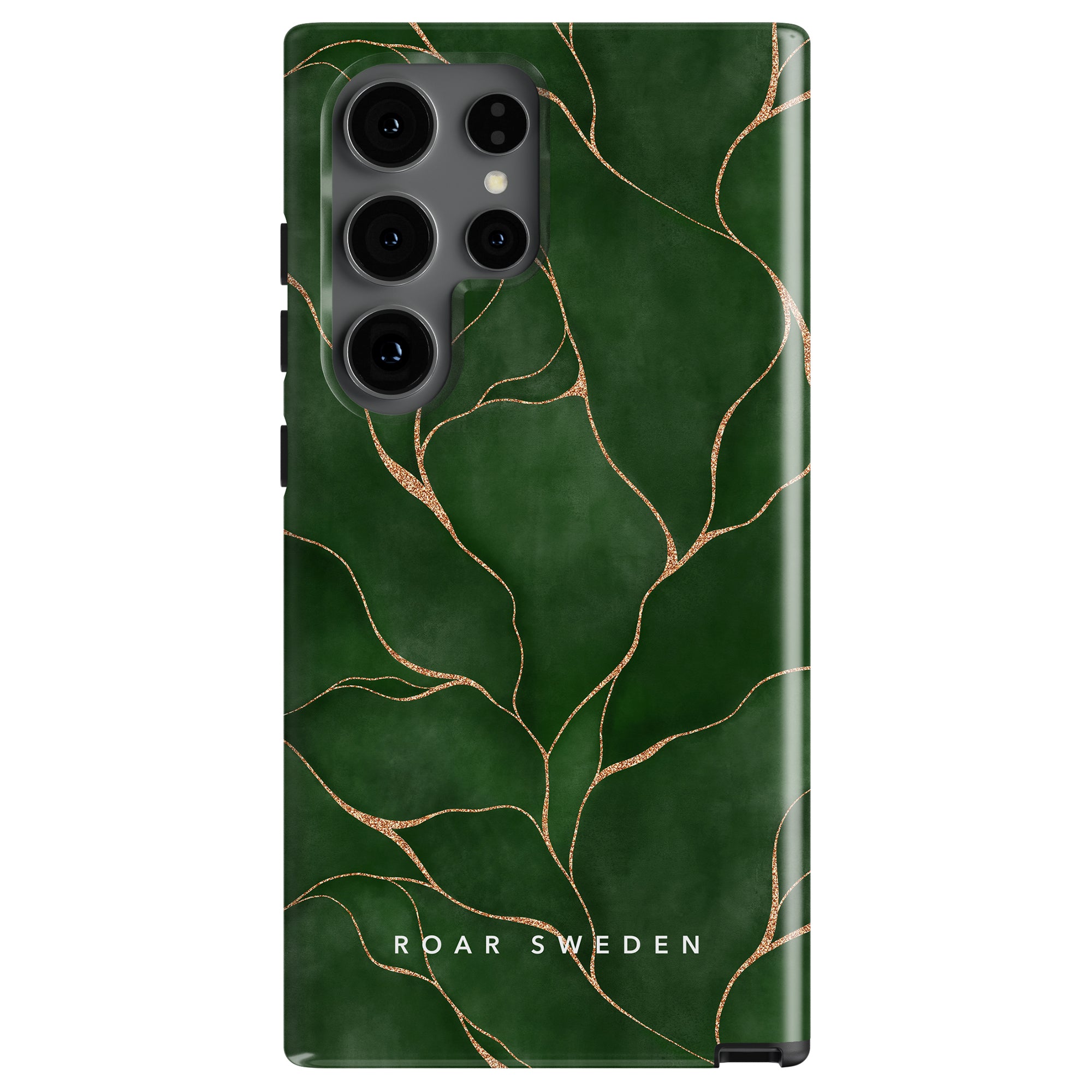 A stylish smartphone with a Tree of Life - Tough Case featuring an abstract gold line design, complemented by the text "ROAR SWEDEN" elegantly printed on the lower part.