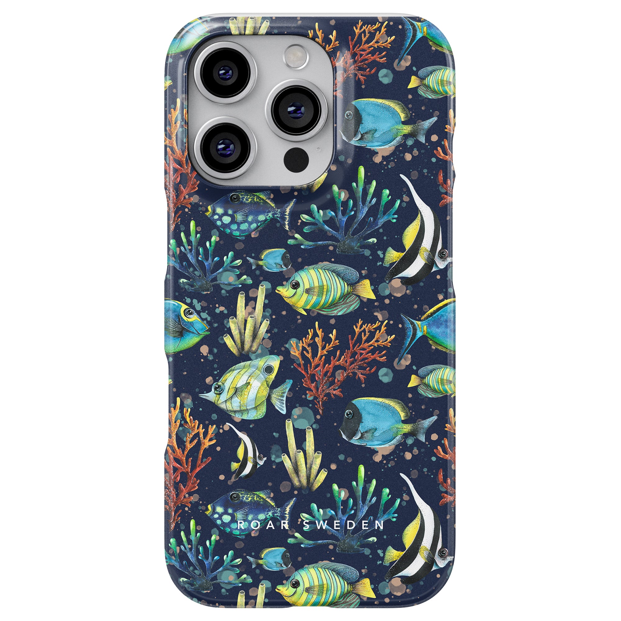 En smartphone med Tropical Fish - Slim-fodralet, som visar upp ett levande undervattenstema med fantastiska koralldesigner.