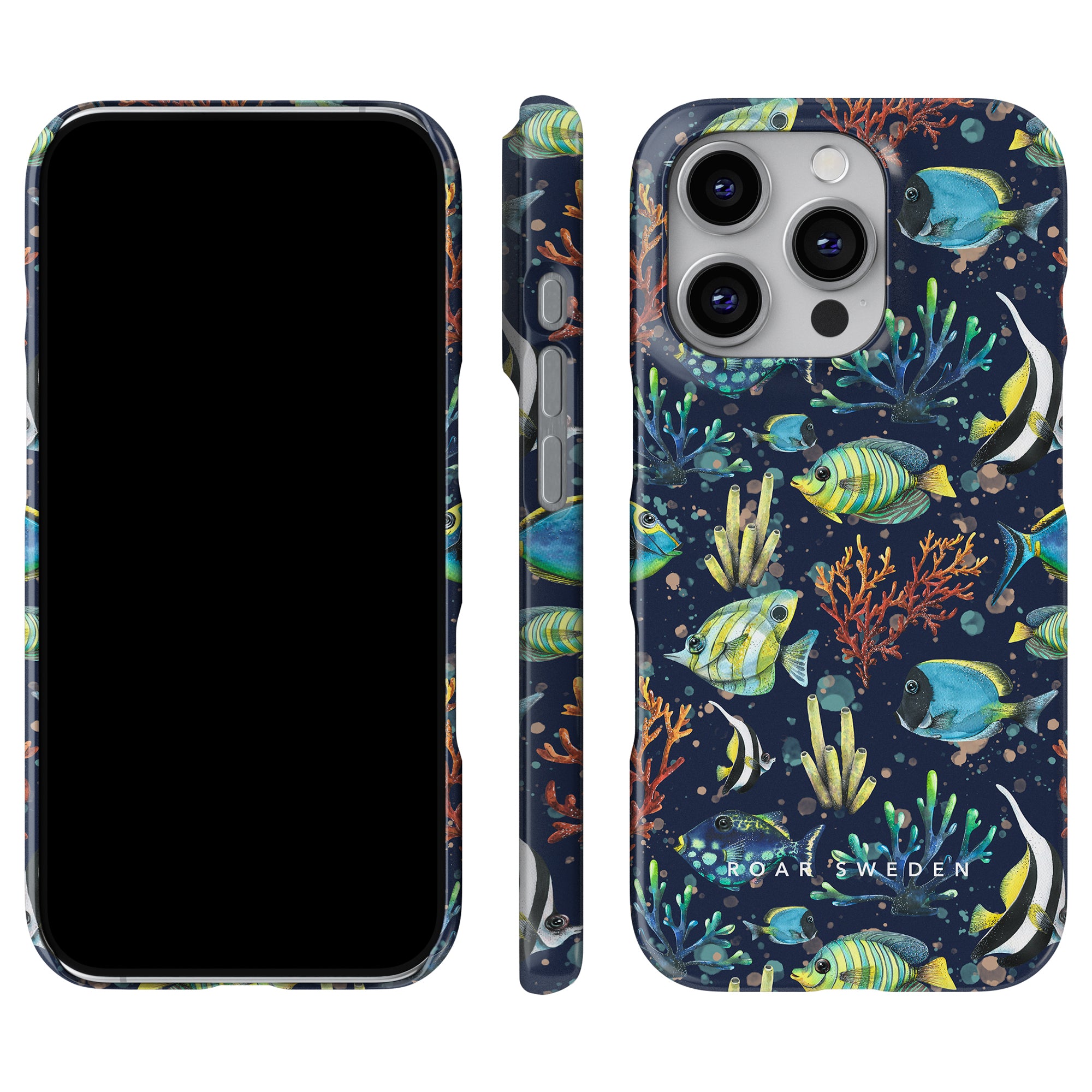 Tropical Fish - Slim Case har en livfull design av tropiska fiskar och korallrev i blå, gröna och orange nyanser. Både sido- och bakvyerna visar ett fantastiskt marint liv, perfekt för havsentusiaster.