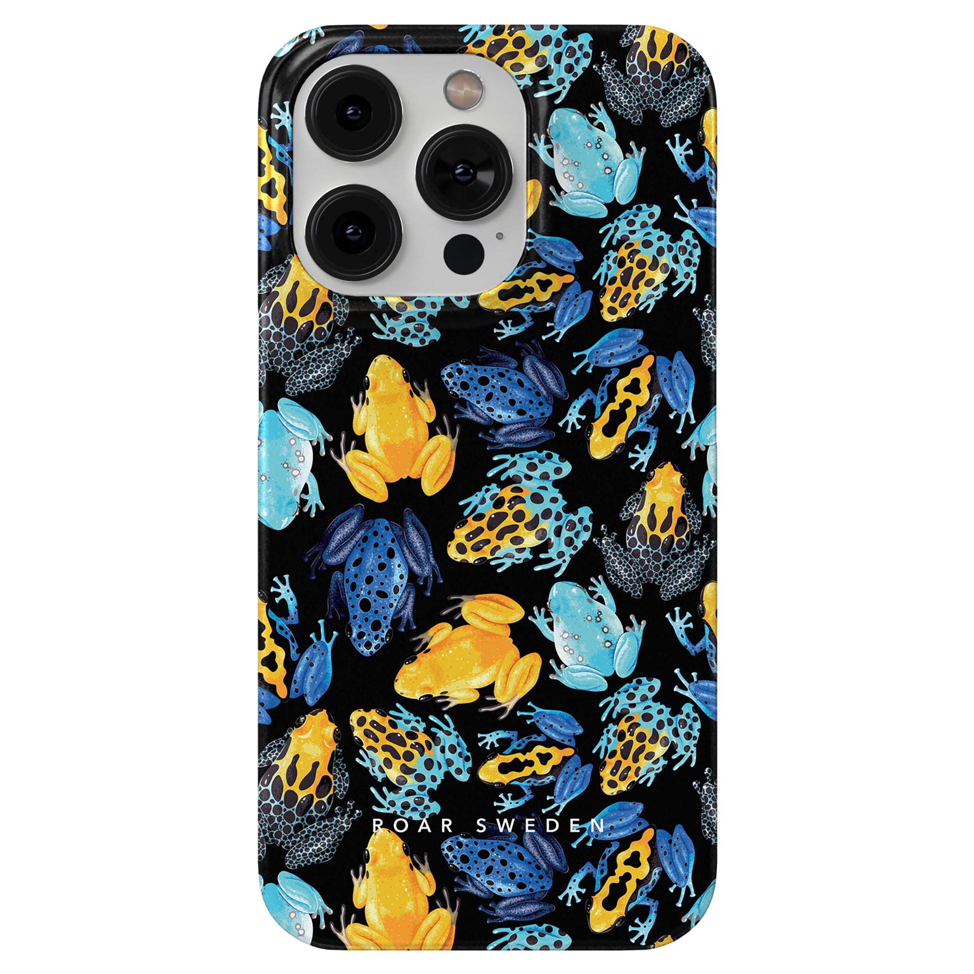 Introducing the Tropical Frogs - Slim Case for your smartphone, featuring a vibrant, colorful frog pattern in shades of blue, yellow, and orange. This eye-catching design is part of the Exotic Animal Collection and showcases tropical frogs. The bottom of the case proudly displays the label "ROAR SWEDEN.