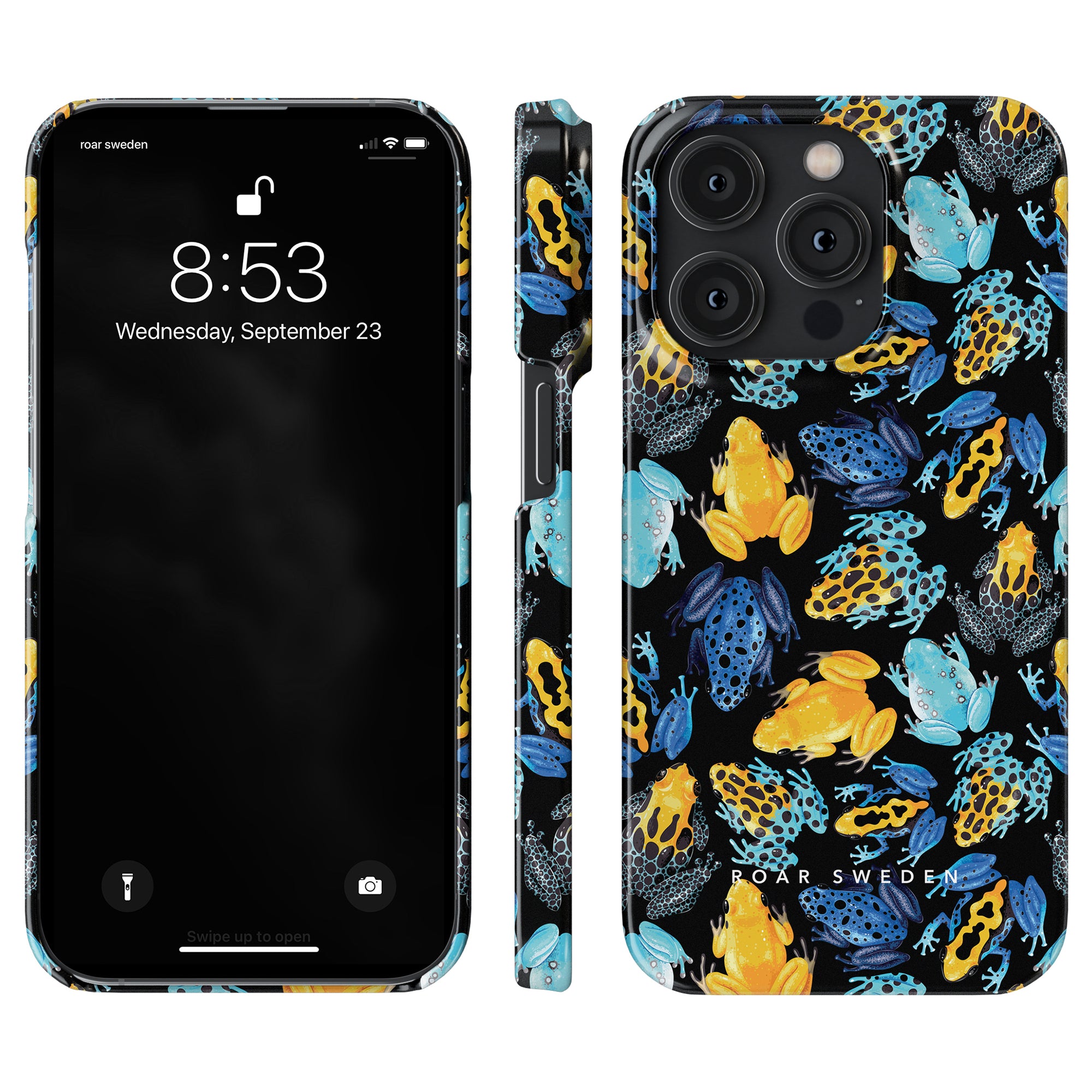 The Tropical Frogs - Slim case from the Exotic Animal Collection is showcased from multiple angles, featuring a colorful frog-themed design and a lock screen time of 8:53.