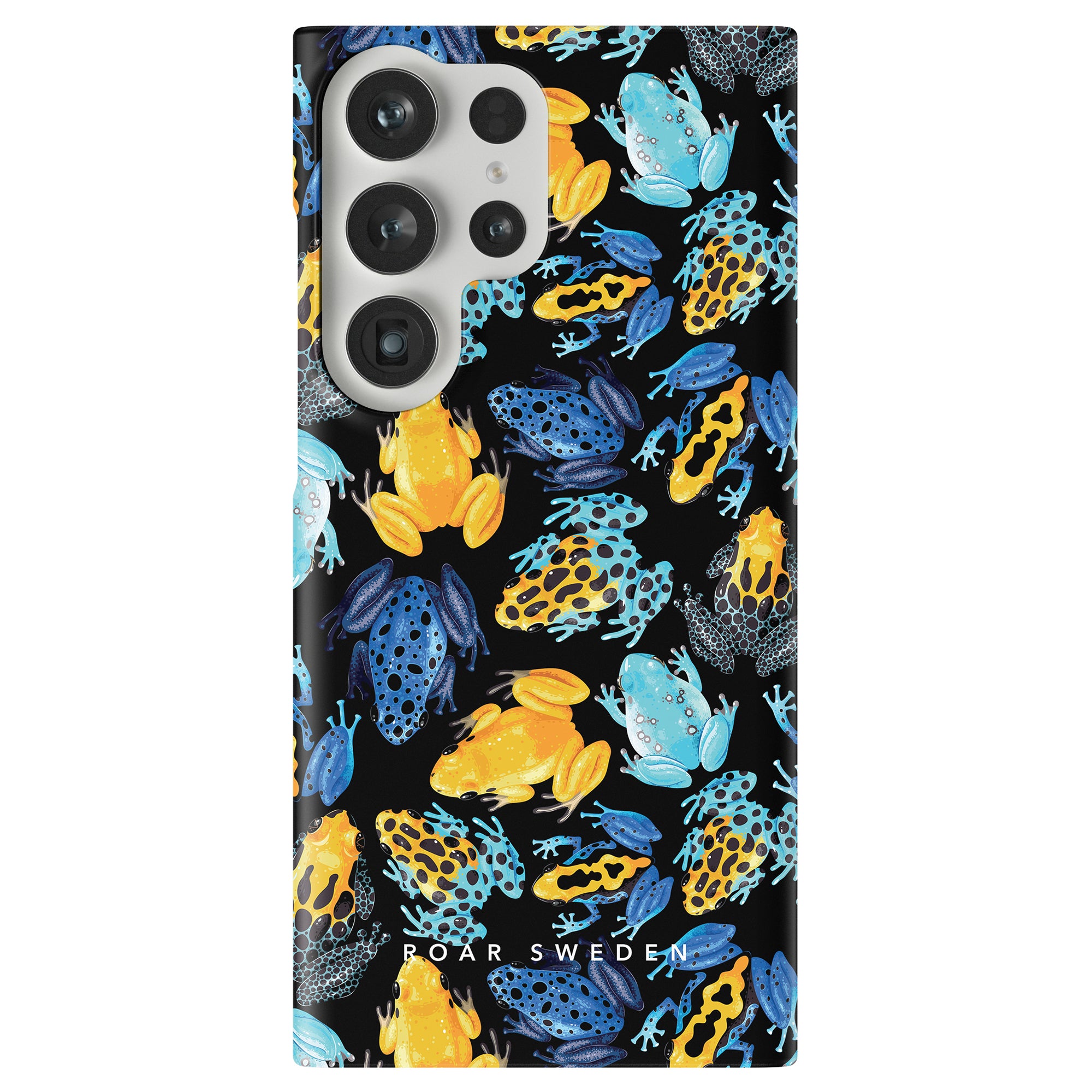 A smartphone with the "Tropical Frogs - Slim case" featuring a colorful frog pattern with yellow, blue, and orange tropical frogs on a black background. Part of the Exotic Animal Collection, this slim case is branded with "Roar Sweden" at the bottom.