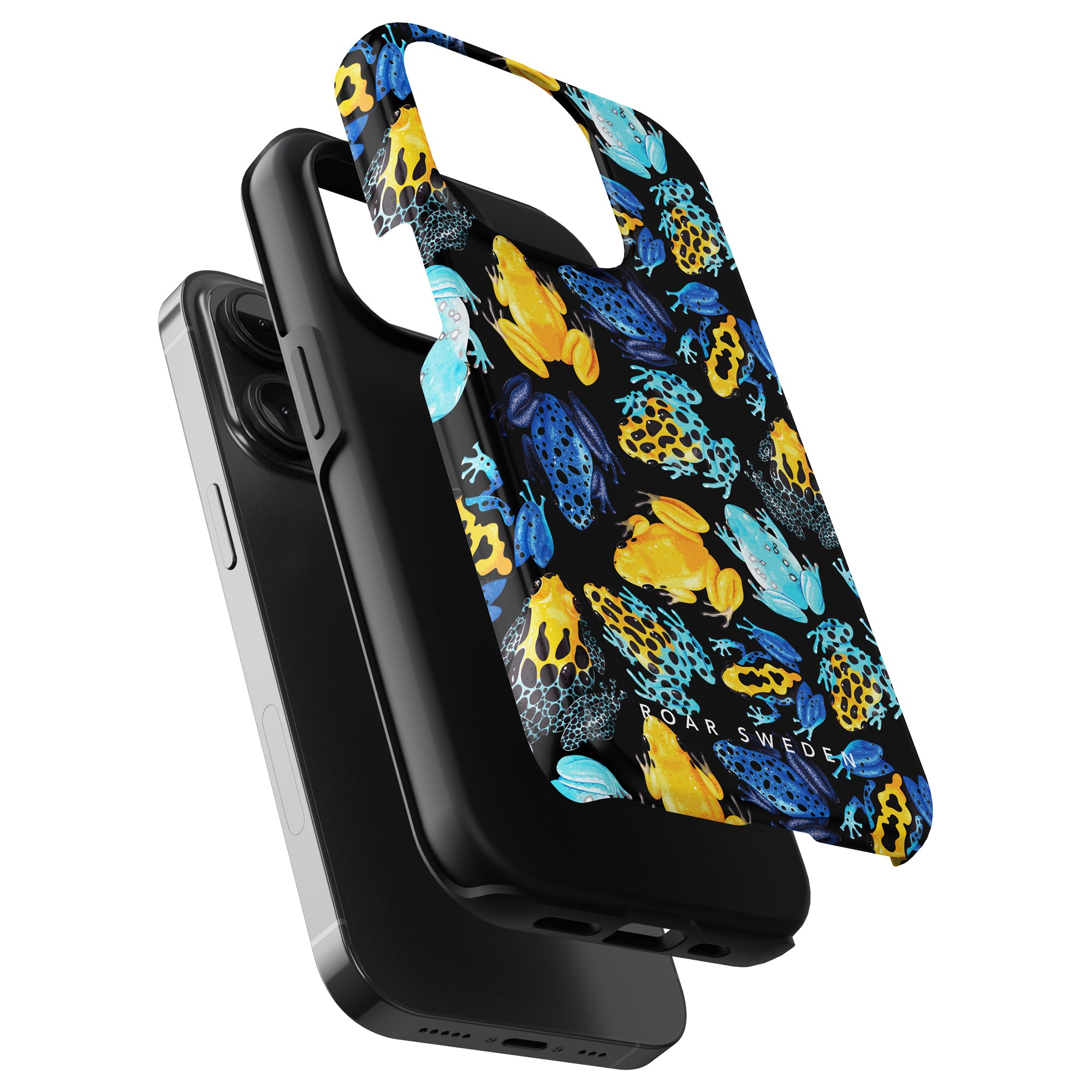 Three stacked phone cases; the bottom one is black, the middle one is metallic gray, and the top one is a "Tropical Frogs - Tough case" featuring a colorful pattern with blue, yellow, and black tropical frogs designs.