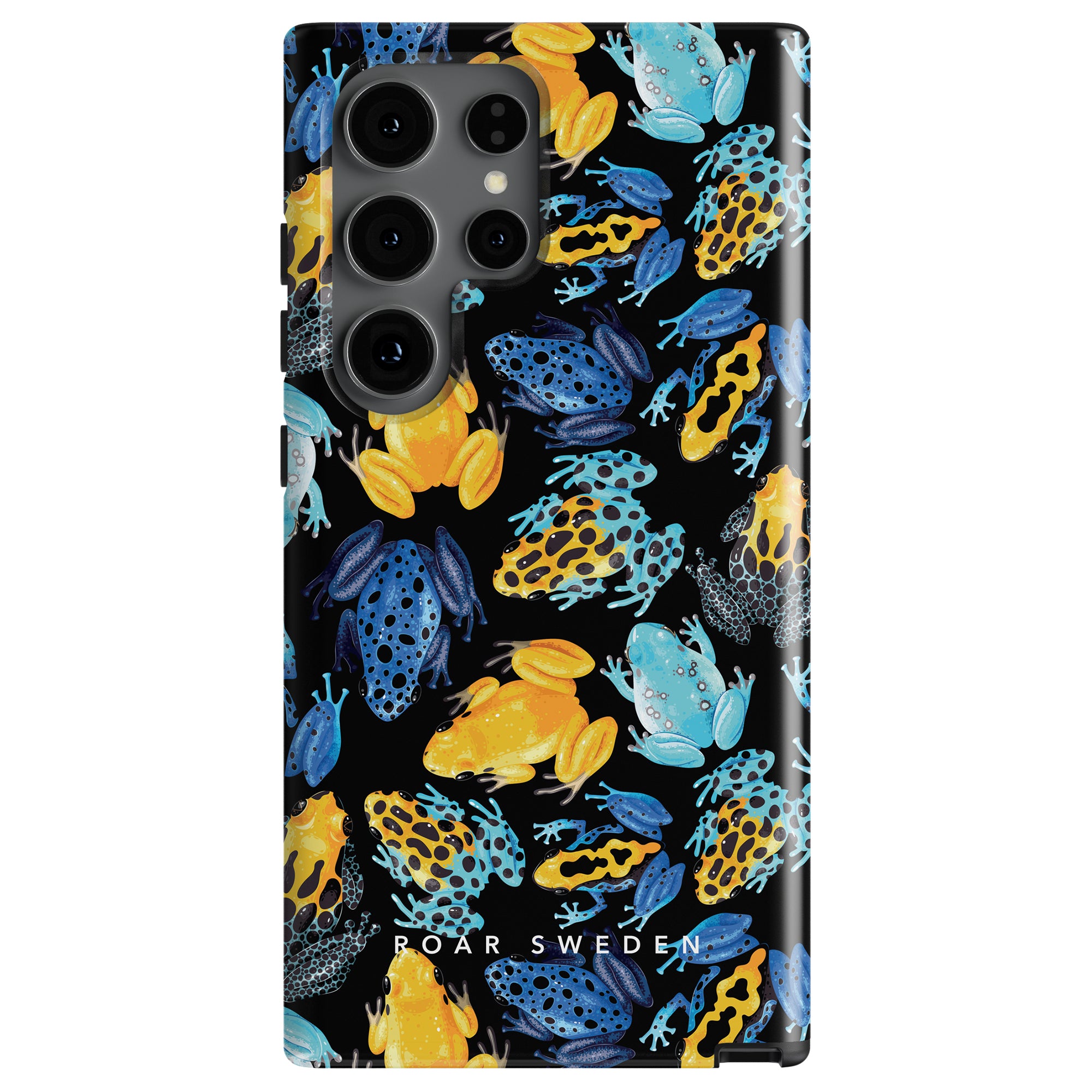 Tropical Frogs - Tough case: A vibrant smartphone case adorned with exotic tropical frogs in blue, yellow, and orange hues, featuring the ROAR SWEDEN brand name at the bottom.