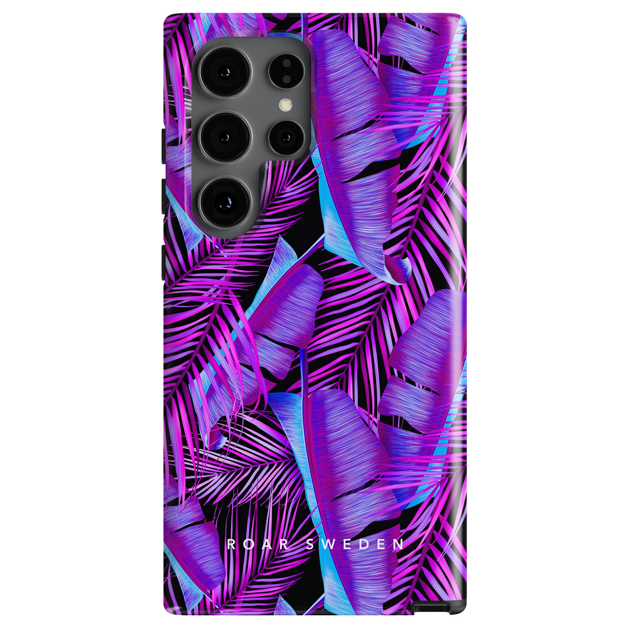 Smartphone case with an exotisk look, featuring purple and blue tropical leaves and the text "ROAR SWEDEN" at the bottom. This Tropical Vibes - Tough case blends vibrant design with Tropical Vibes mobilskal appeal.