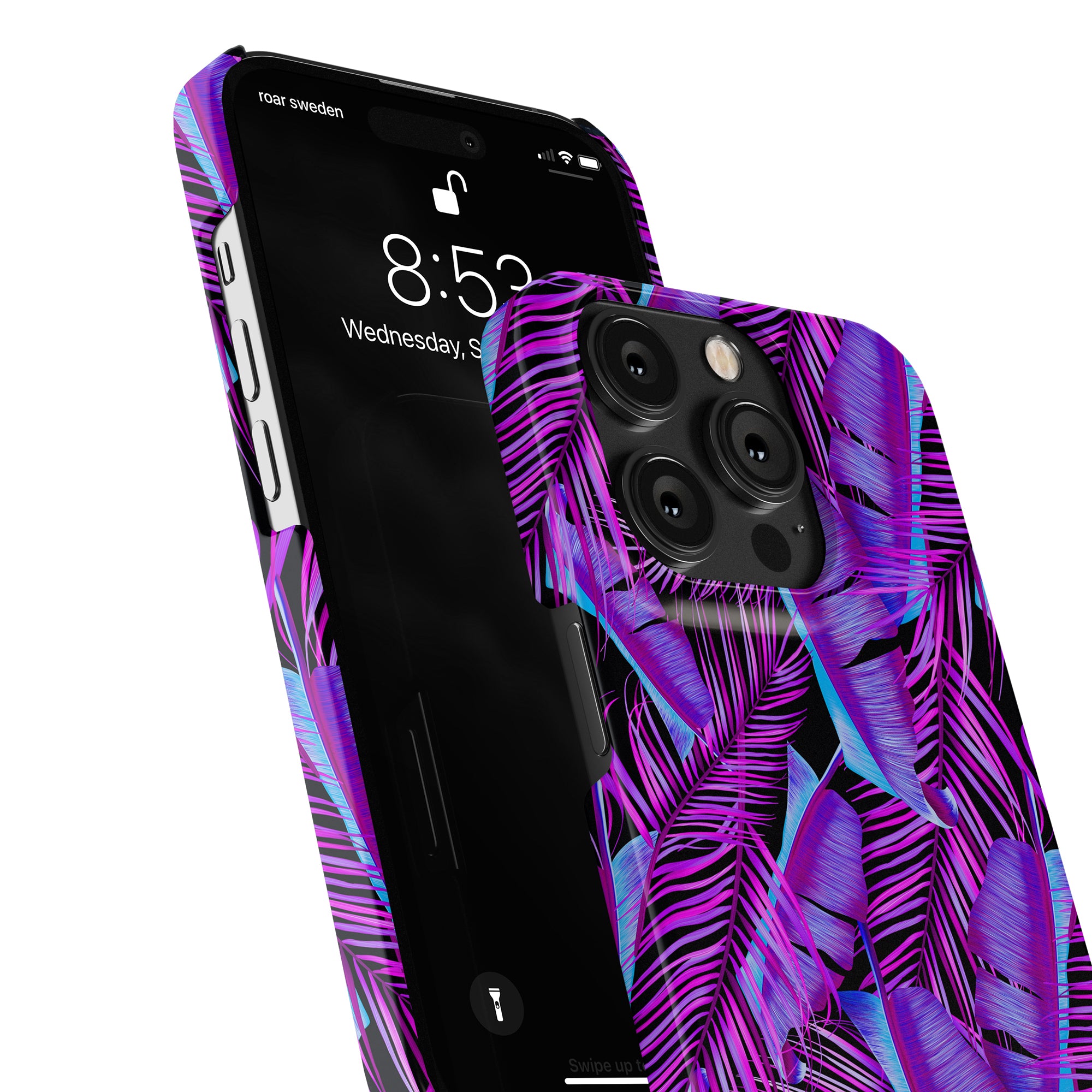En fräsch och livlig känsla till din smartphone med vårt mobilskal Tropical Vibes - Smal case! Detta mobilskal i lila och blått palmbladsmön.