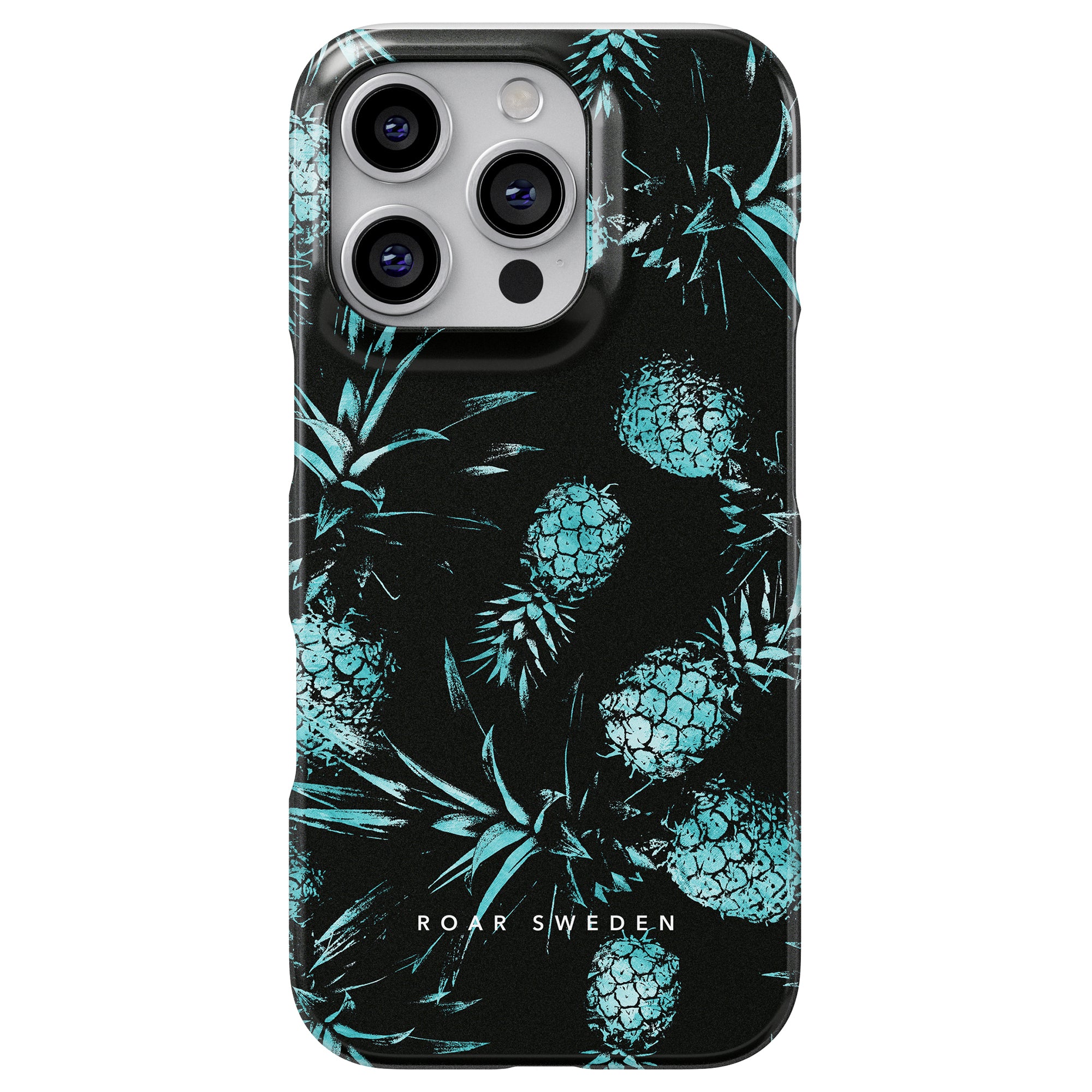 Produktdata: Slimmad telefon med en turkos ananasdesign från Exotic Collection, med "ROAR SWEDEN" elegant uppsatt längst ner.