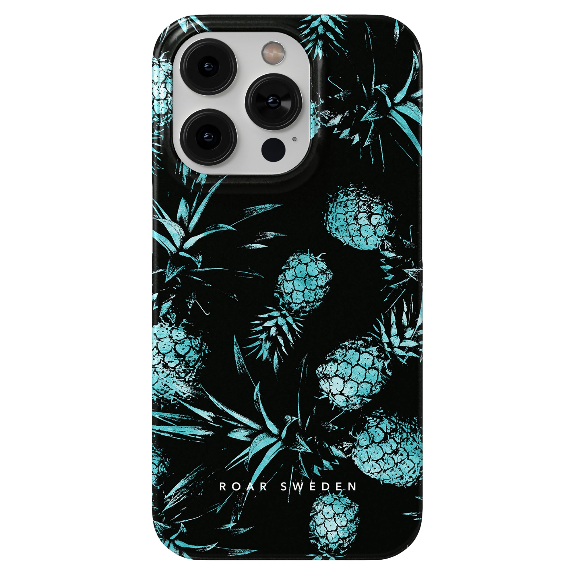A smartphone with a Turquoise Pineapples - Slim case featuring a blue-green pineapple pattern from the Exotic Collection and text "ROAR SWEDEN" at the bottom.