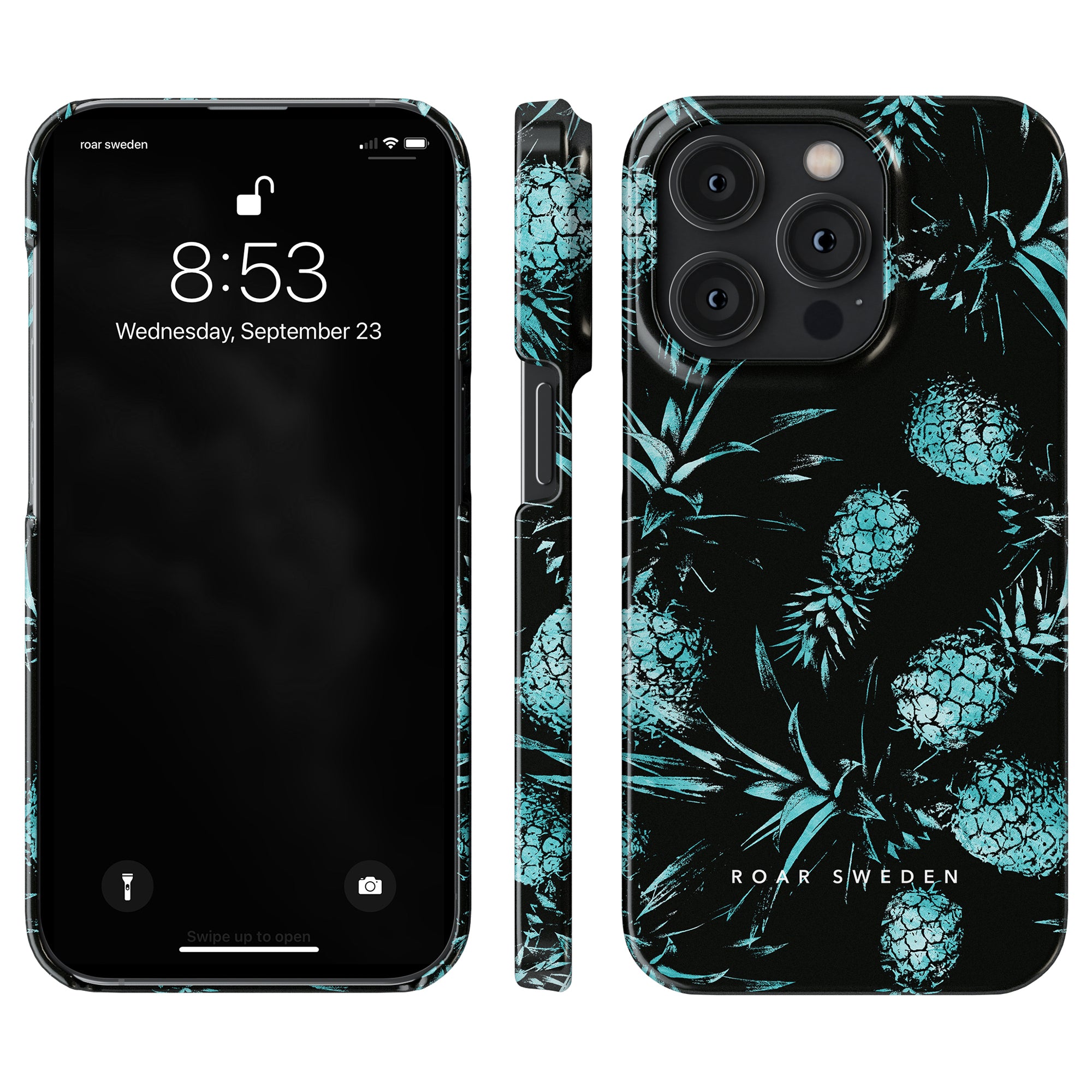 A smartphone and its Turquoise Pineapples - Slim case. The time on the screen is 8:53 on Wednesday, September 23. The words "ROAR SWEDEN" are visible on the case from the Exotic Collection.