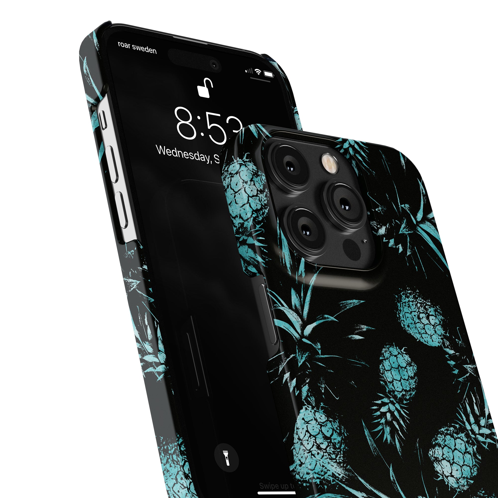 Close-up of a smartphone with a Turquoise Pineapples - Slim case from the Exotic Collection, featuring black and turquoise pineapples. The screen displays the time as 8:52 and date as Wednesday, September 25.
