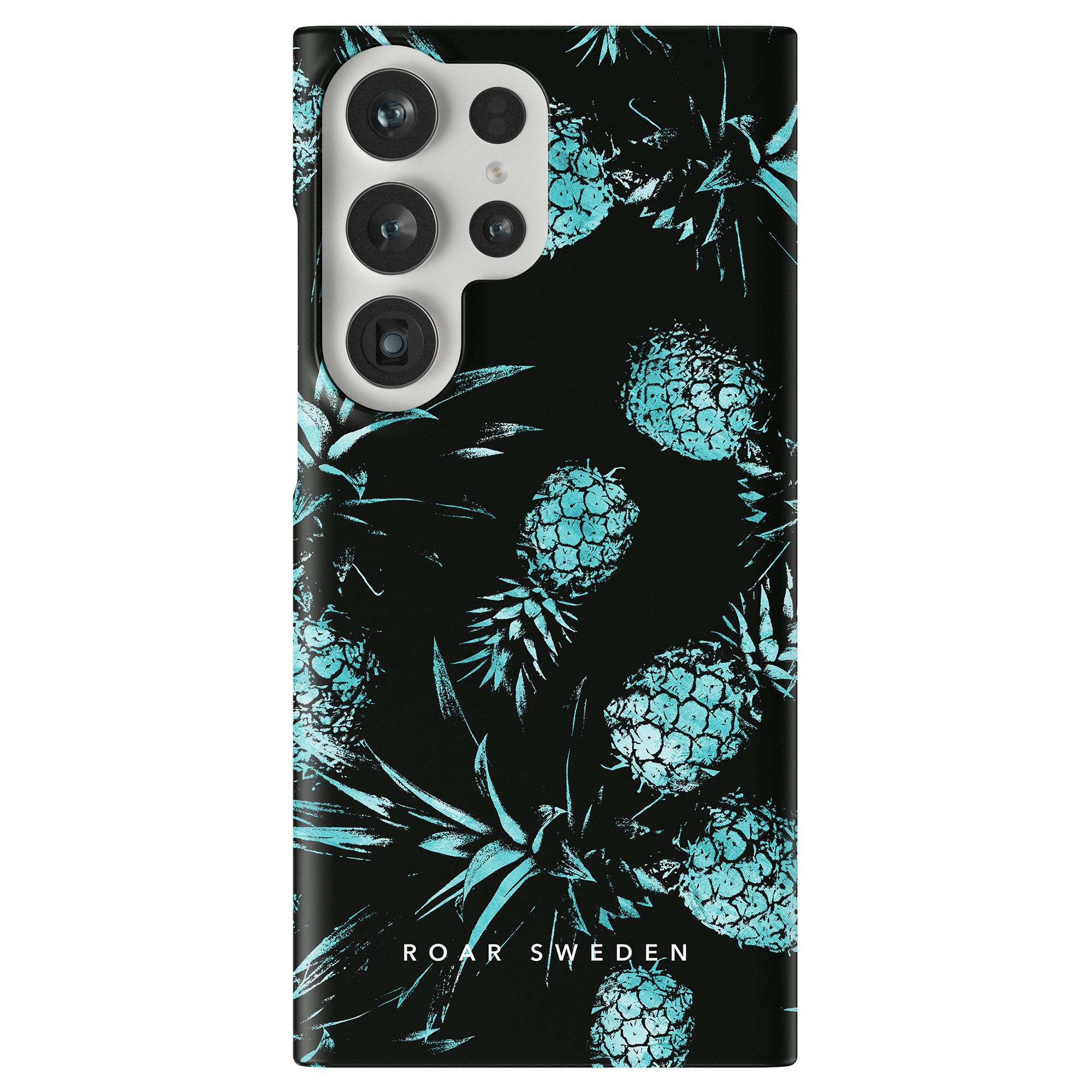 A Turquoise Pineapples - Slim case with a slim black case featuring turquoise pineapples and "ROAR SWEDEN" printed at the bottom, part of the Exotic Collection.