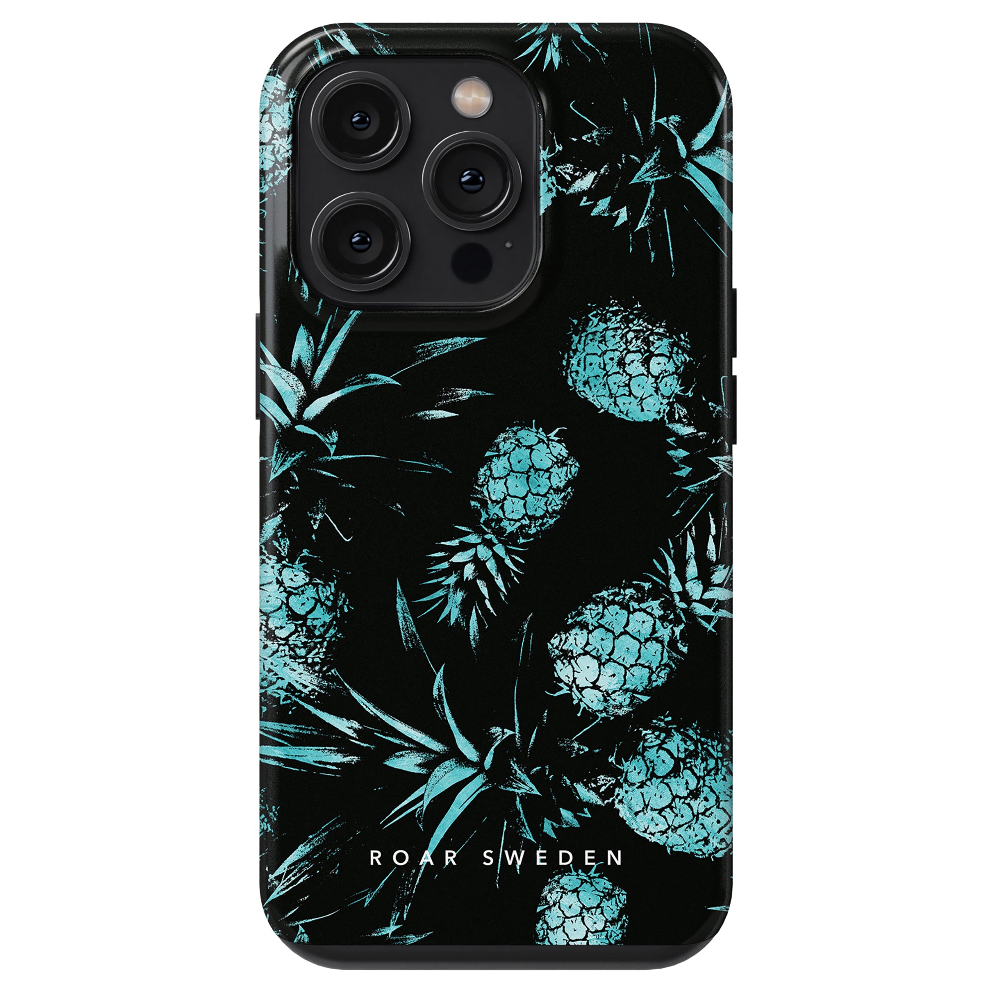 A phone case from the Exotic Collection, featuring a black background adorned with turquoise pineapples and the words "ROAR SWEDEN" at the bottom. Perfect for your Turquoise Pineapples - Tough Case needs.