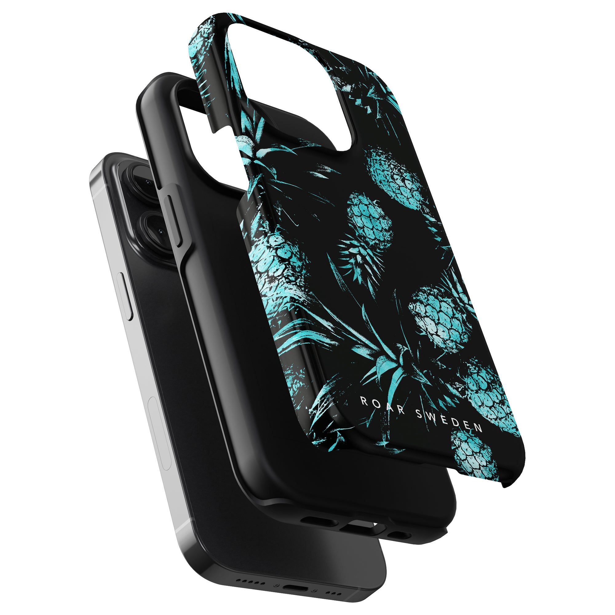 Three protective phone cases stacked slightly off-center against a white background: one black, one clear, and one Turquoise Pineapples - Tough Case.