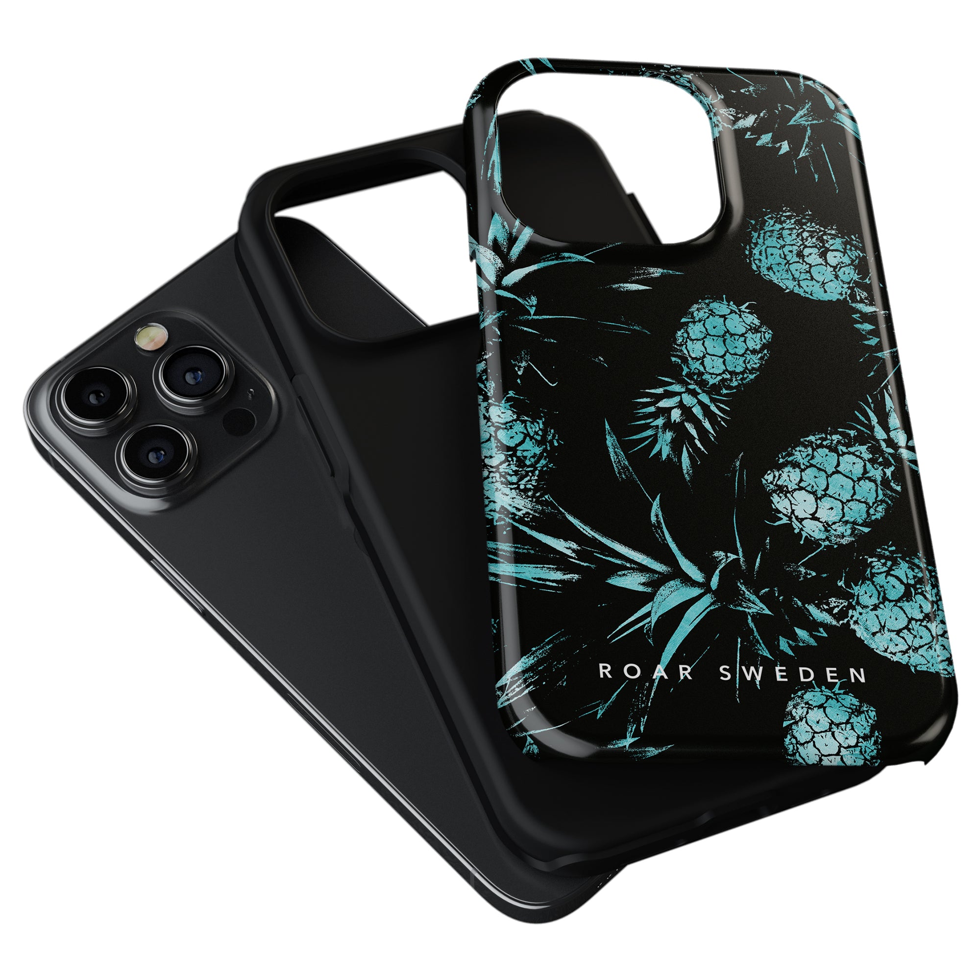 Two stylish Turquoise Pineapples - Tough Case are shown, one plain black and the other black with a vibrant green pineapple pattern from the Exotic Collection, and featuring "ROAR SWEDEN" text.
