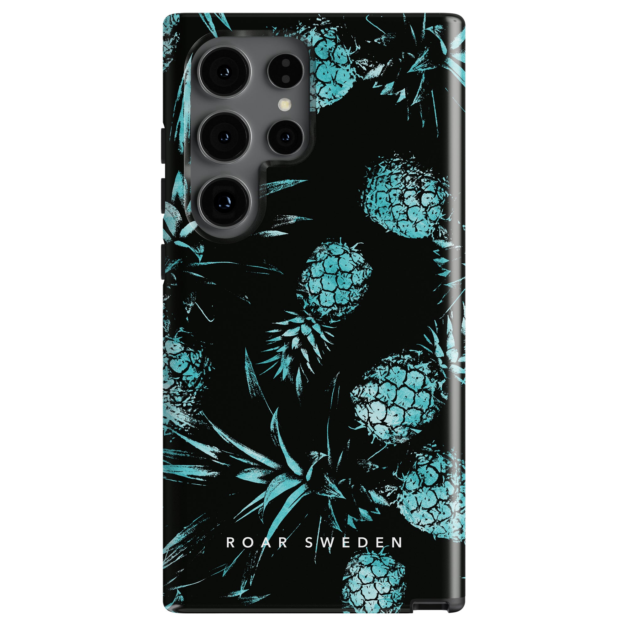 A Turquoise Pineapples - Tough Case with a black background featuring a pattern of turquoise pineapples and "ROAR SWEDEN" text at the bottom, part of our Exotic Collection.