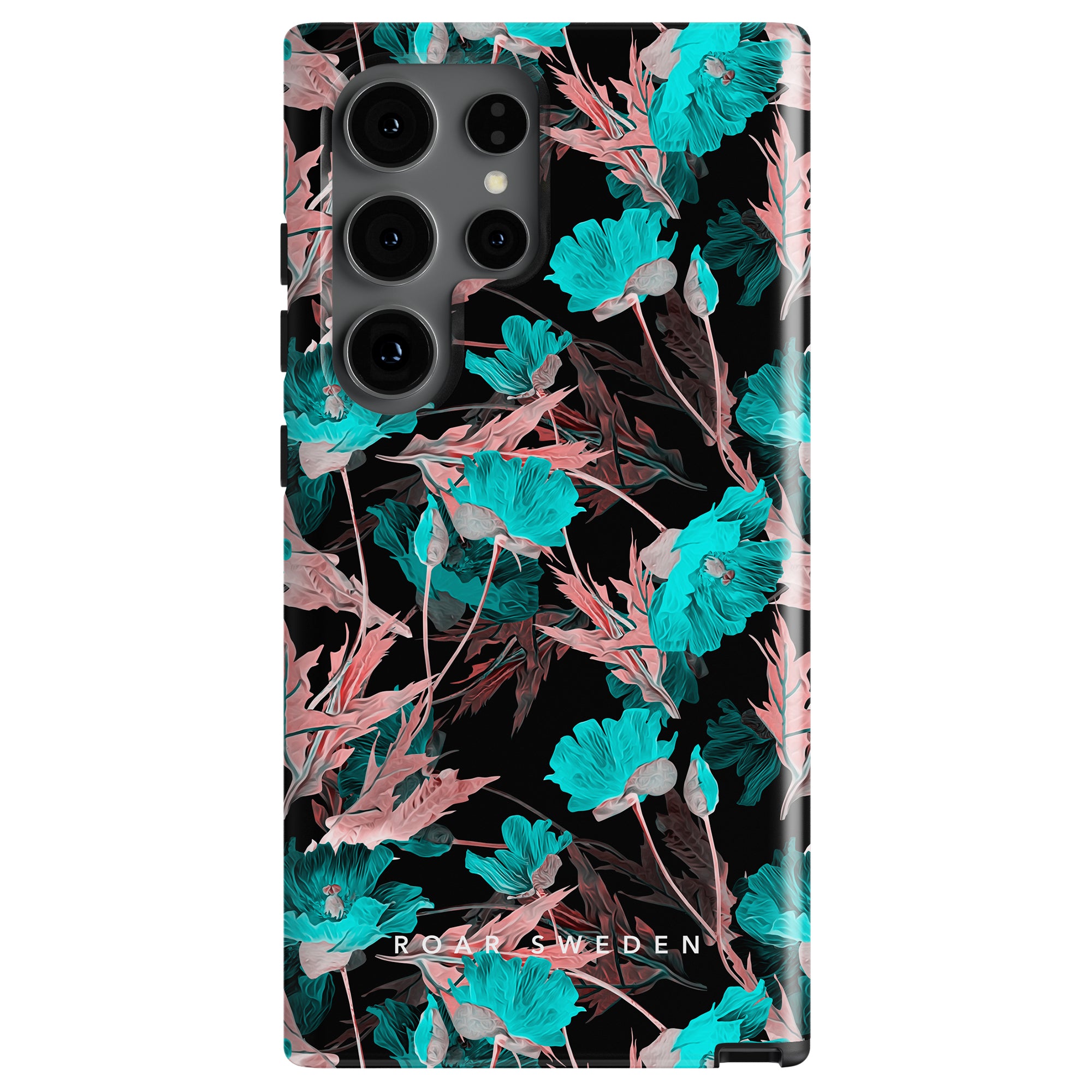 Turquoise Poppy - Tough case with a floral design featuring teal and pink flowers on a black background. The brand name "ROAR SWEDEN" is visible at the bottom of this stylish smartphone-skydd.