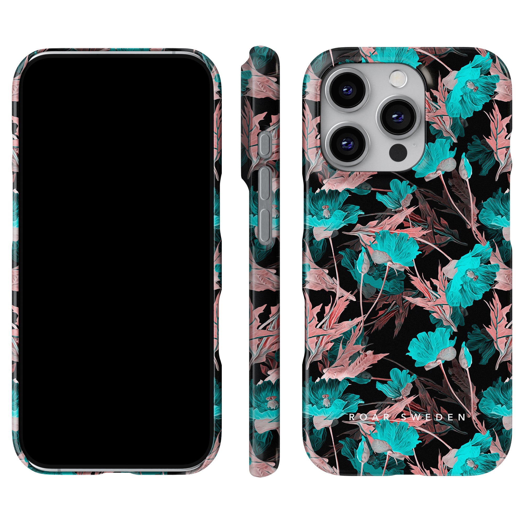 Turquoise Poppy - Slim fodral visar upp en blommig design med turkosa vallmo och rosa blommor mot en svart bakgrund, visad från tre vinklar: fram, sida och bak. Det är ett perfekt snyggt smartphoneskydd för din enhet.