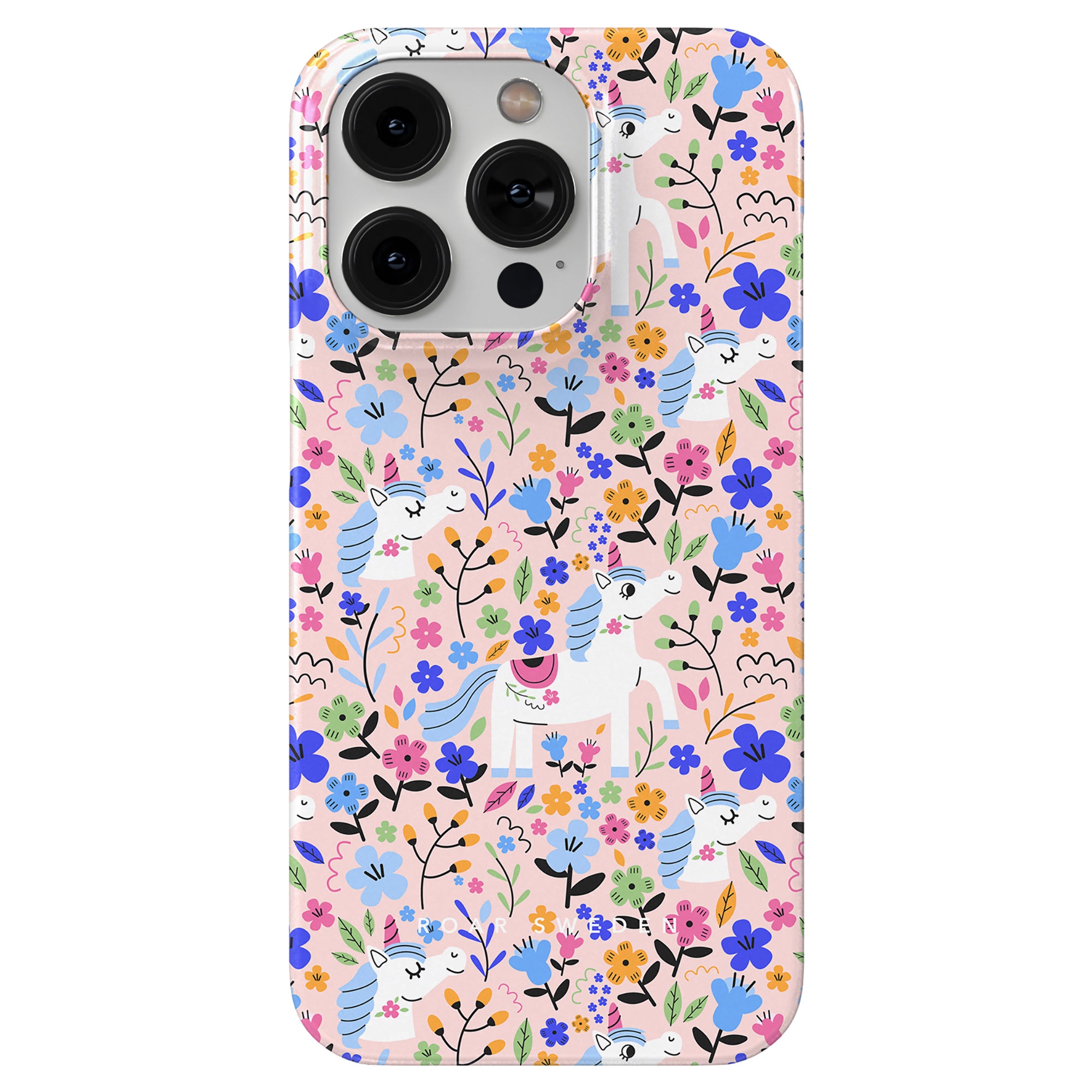 A slim case with the Unicorn Garden design, showcasing vibrant unicorns and flowers against a pink background.