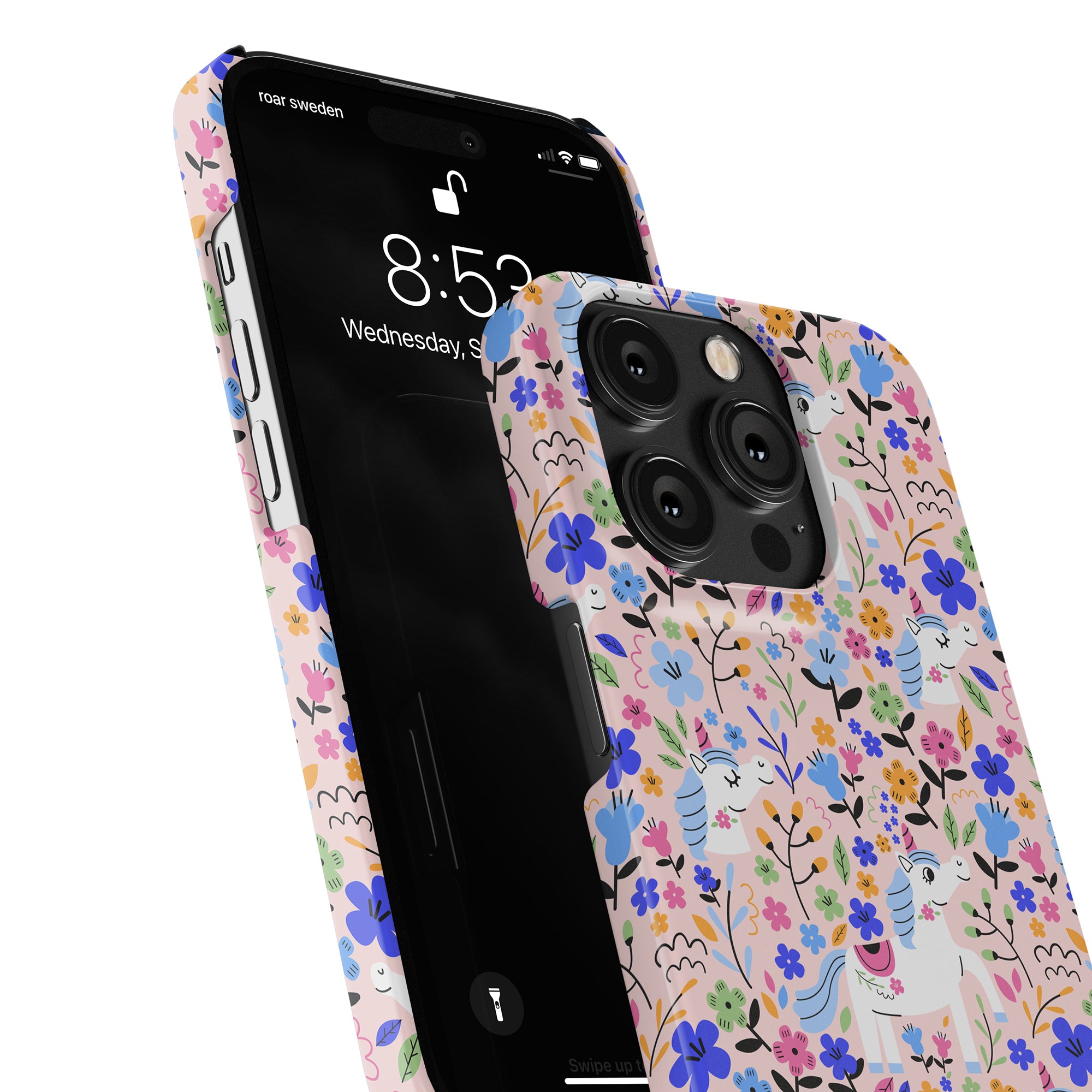 Smartphone encased in a Unicorn Garden - Slim case from the Fantasy Collection, featuring a vibrant floral-themed design, with a time display of 8:52 on the screen.