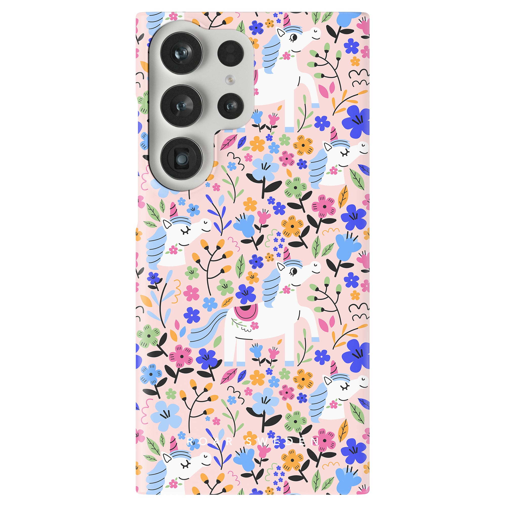 Slim case from the Unicorn Garden collection featuring a colorful pattern of unicorns and various flowers on a light background, creating an enchanting scene.