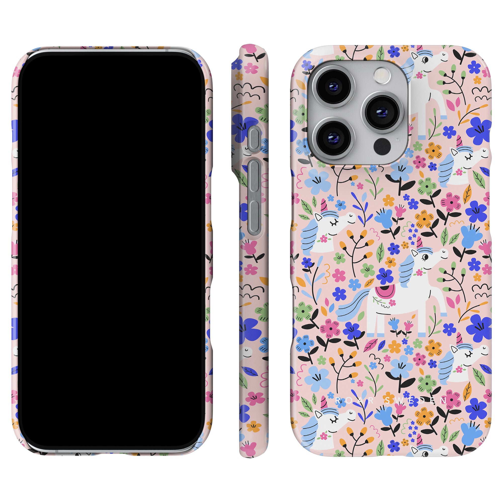 The Unicorn Garden - Slim case displays front, side, and back views with a unicorn and floral pattern from the Fantasy Collection. This slim case provides sleek protection to your device while adding a touch of magic.