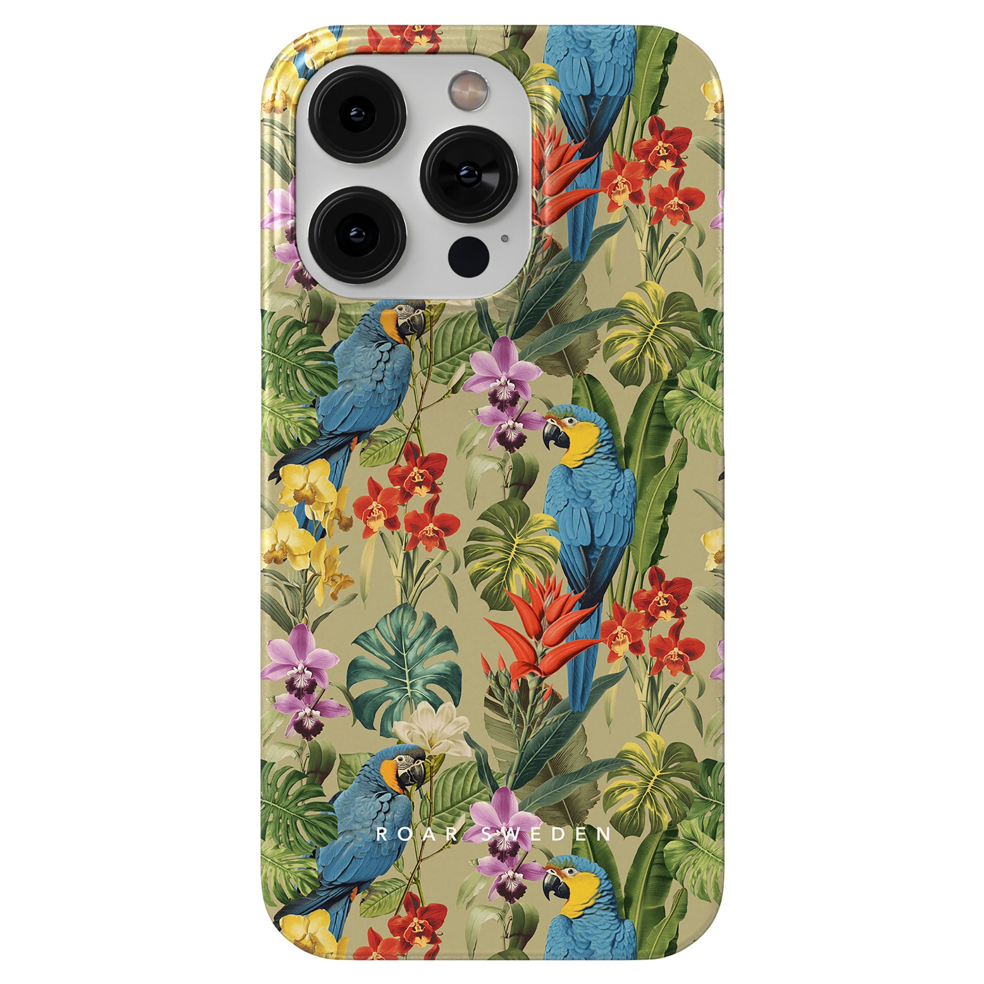 A smartphone with a Verdant Beauty - Slim case from the Birds Collection, showcasing blue and yellow parrots among tropical leaves and flowers. The case is labeled "ROAR SWEDEN.