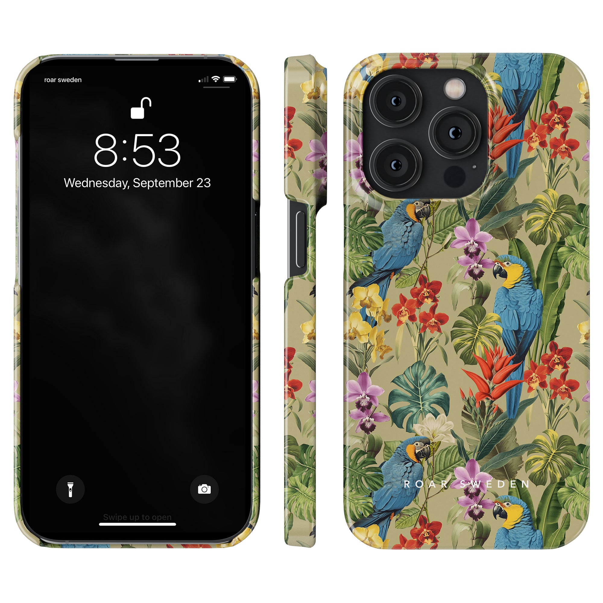 A smartphone with a tropical-themed, Verdant Beauty - Slim case from the Birds Collection, featuring blue parrots and colorful flowers on a light green background; the screen displays the time 8:53 and the date Wednesday, September 23.