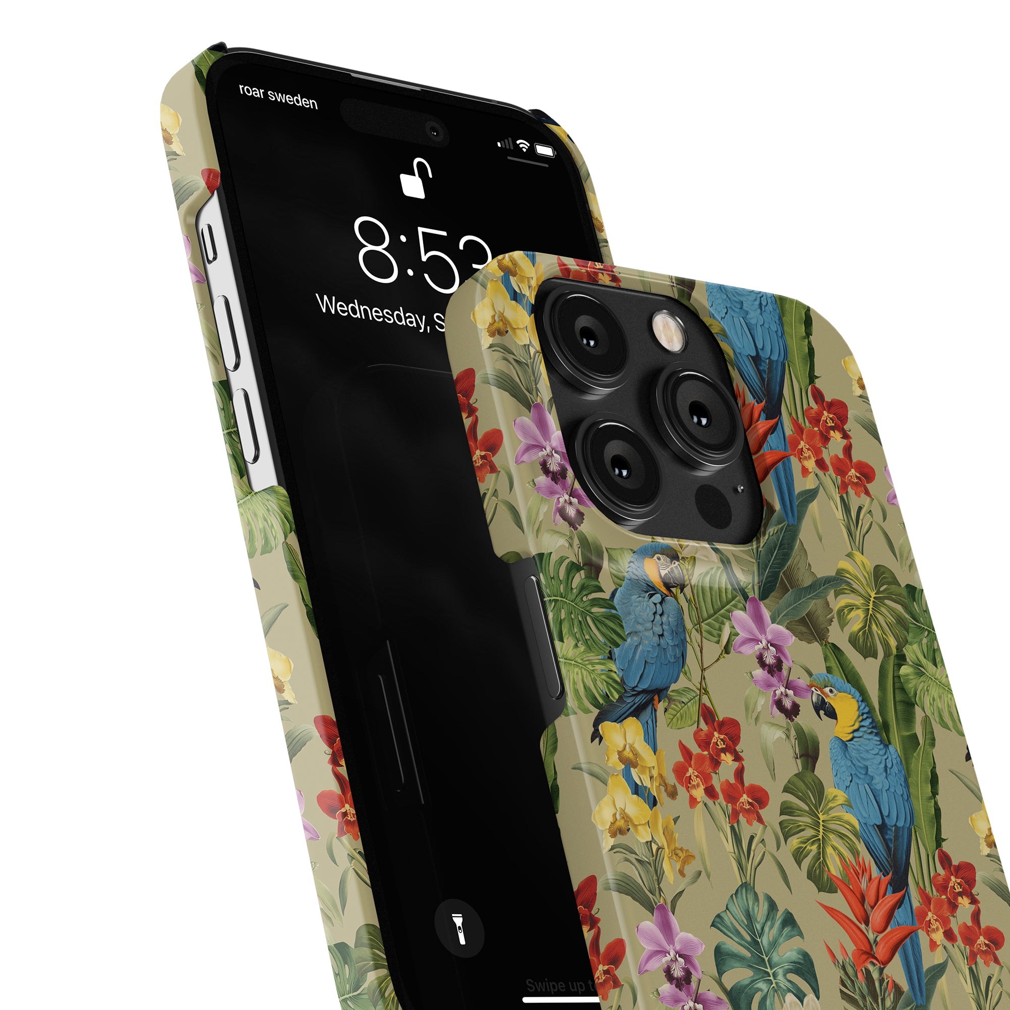 A smartphone in a Verdant Beauty - Slim case from the Birds Collection, featuring a colorful floral and parrot-themed design, displays the time as 8:53 along with the date Wednesday, September 13.