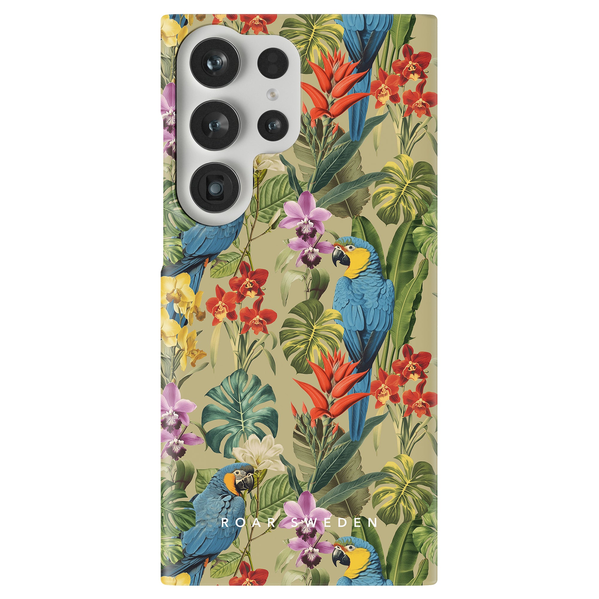 A slim case with a colorful tropical design featuring blue and yellow parrots, green leaves, and red and purple flowers. Part of the "Birds Collection," this Verdant Beauty - Slim case boasts a "Roar Sweden" logo at the bottom.