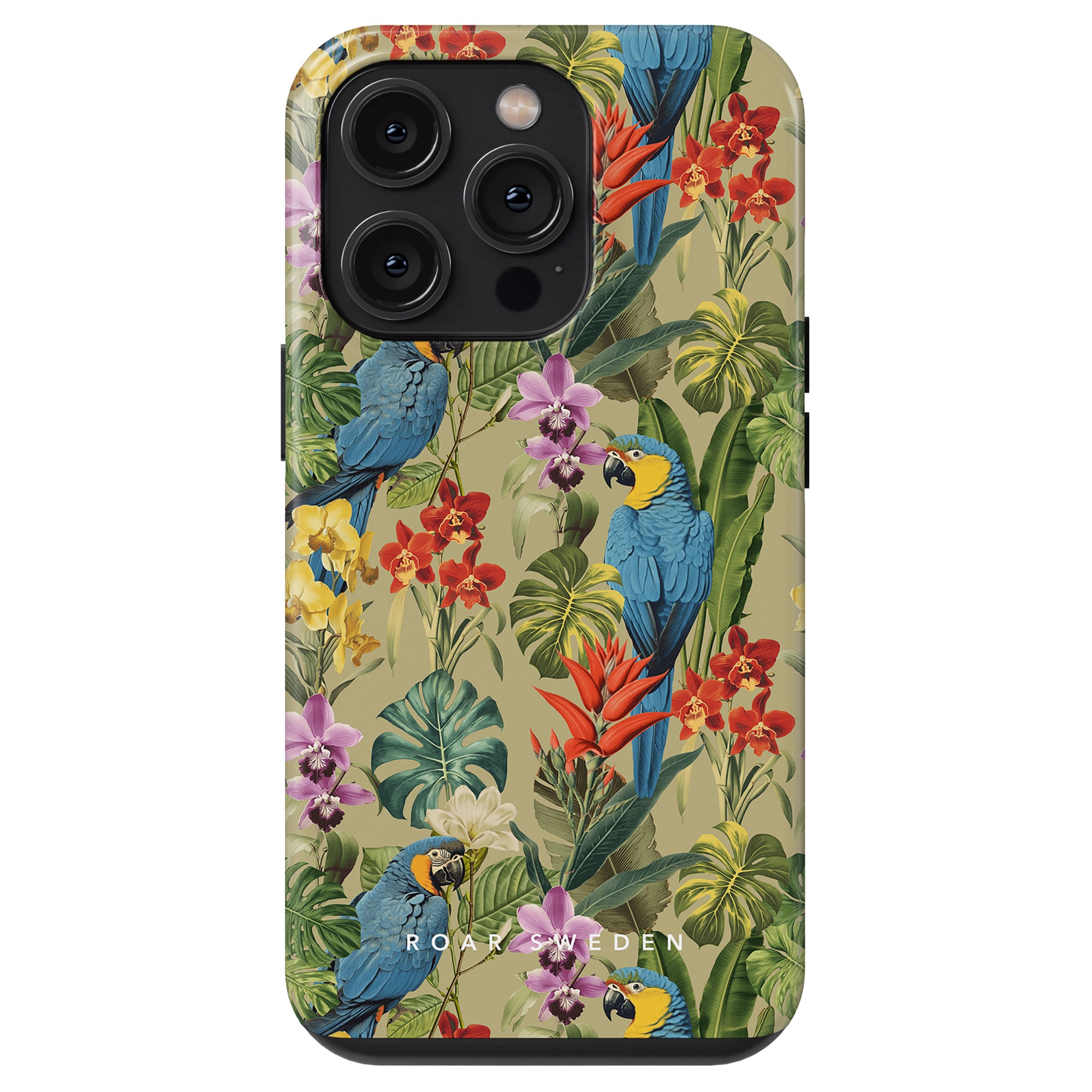 Smartphone with a Verdant Beauty - Tough Case featuring a vibrant tropical design that includes blue parrots, green leaves, and colorful flowers. The brand 'Roar Sweden' is printed at the bottom, making it a standout piece in the Birds Collection.