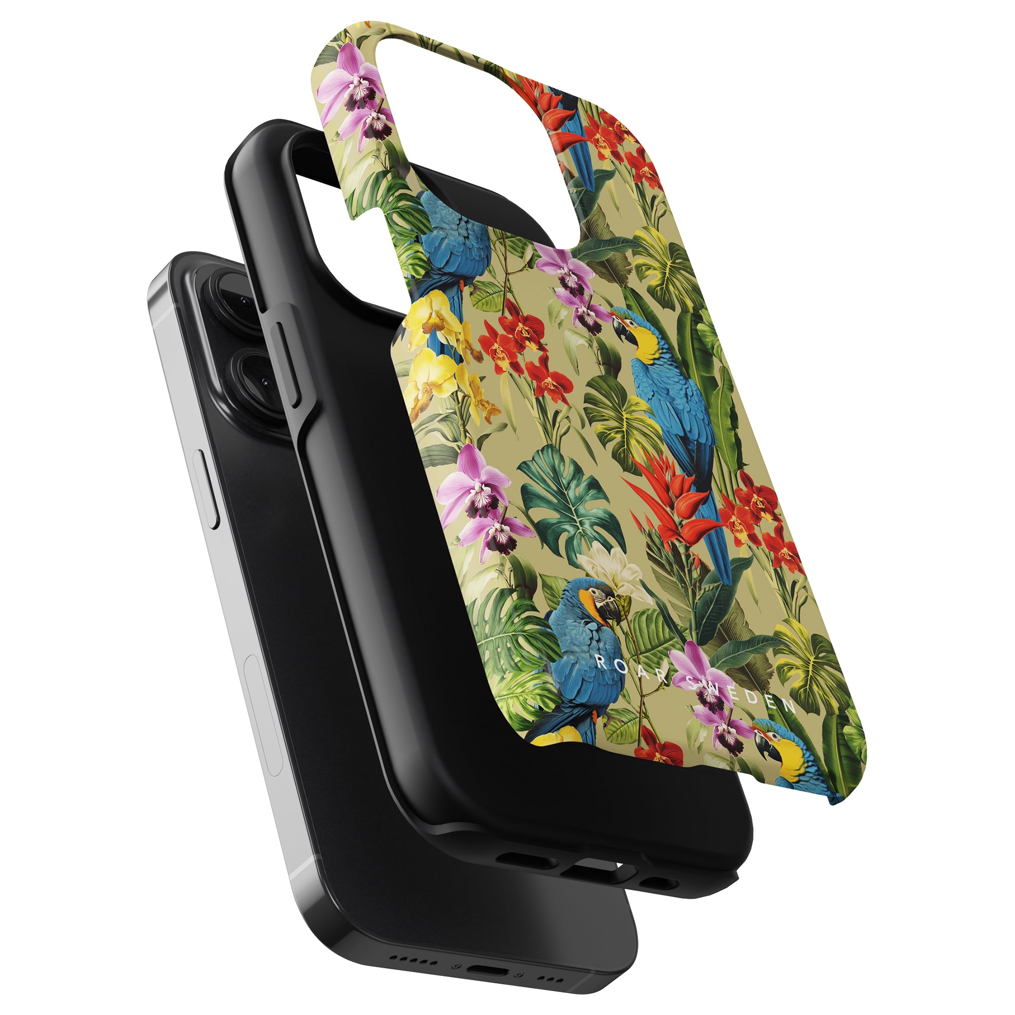 Two smartphone cases are stacked together; one is a plain black tåligt mobilskal, and the other features a colorful tropical design with birds and flowers from our Verdant Beauty - Tough Case.