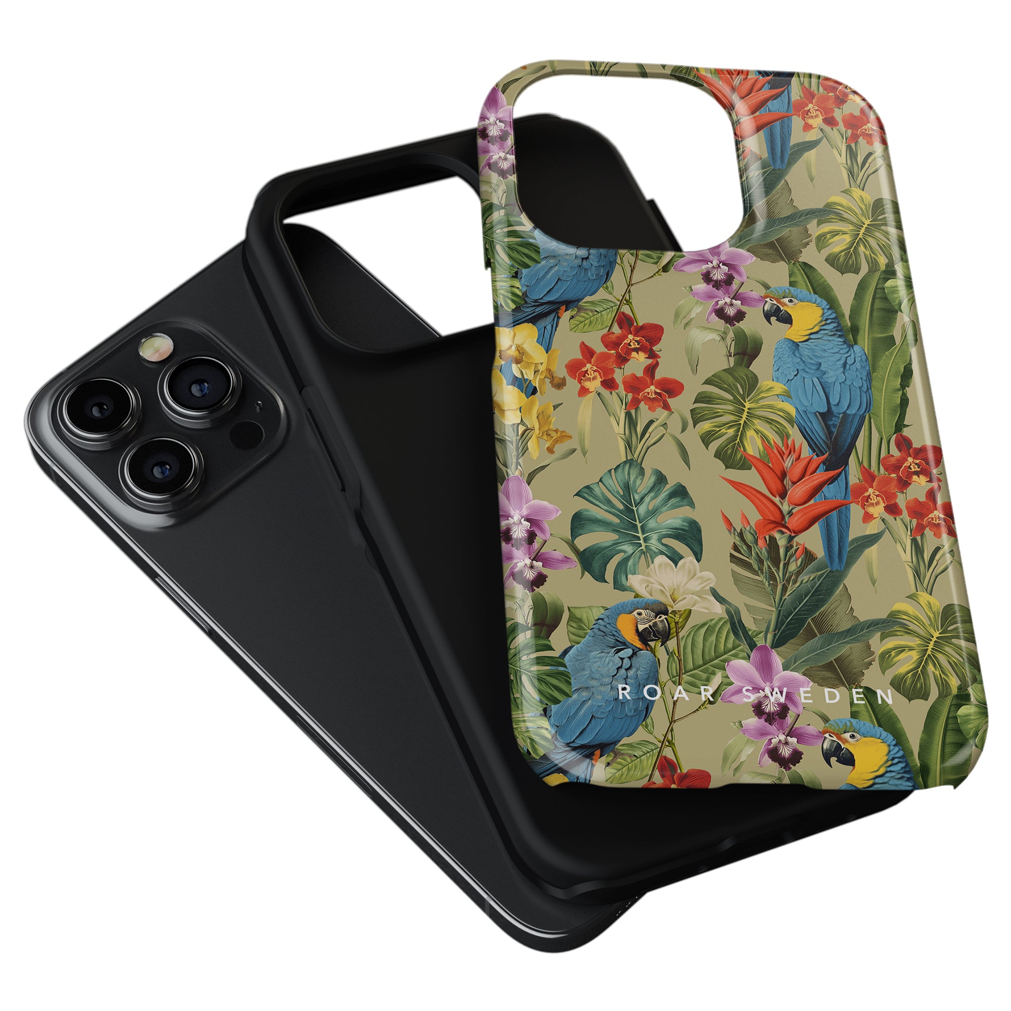Two phone cases, one black and the other Verdant Beauty - Tough Case showcasing a colorful parrot and floral design, overlapping each other.