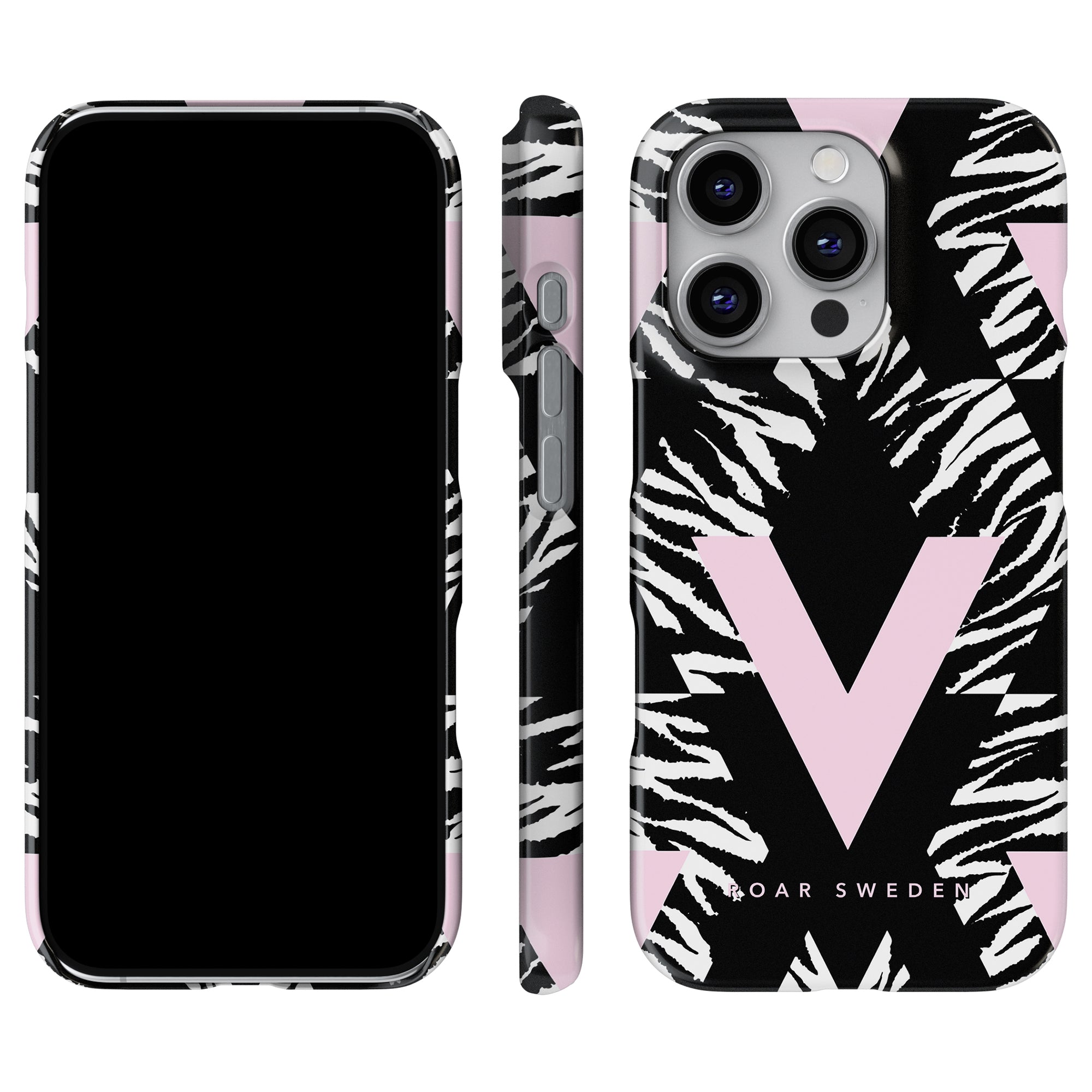 The iPhone is safeguarded by a Vibes - Slim Case, featuring a zebra pattern complemented by a striking pink "V" on the back. Showcased from the front, side, and rear angles, this Roar Sweden design expertly fuses style with protection.