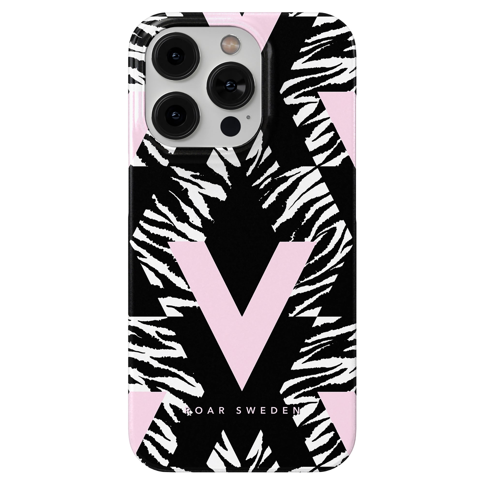 Ett svart och rosa telefonfodral med zebratryck med bokstaven v, Printeers Vibes Slim Case kombinerar stil och skydd för din enhet.