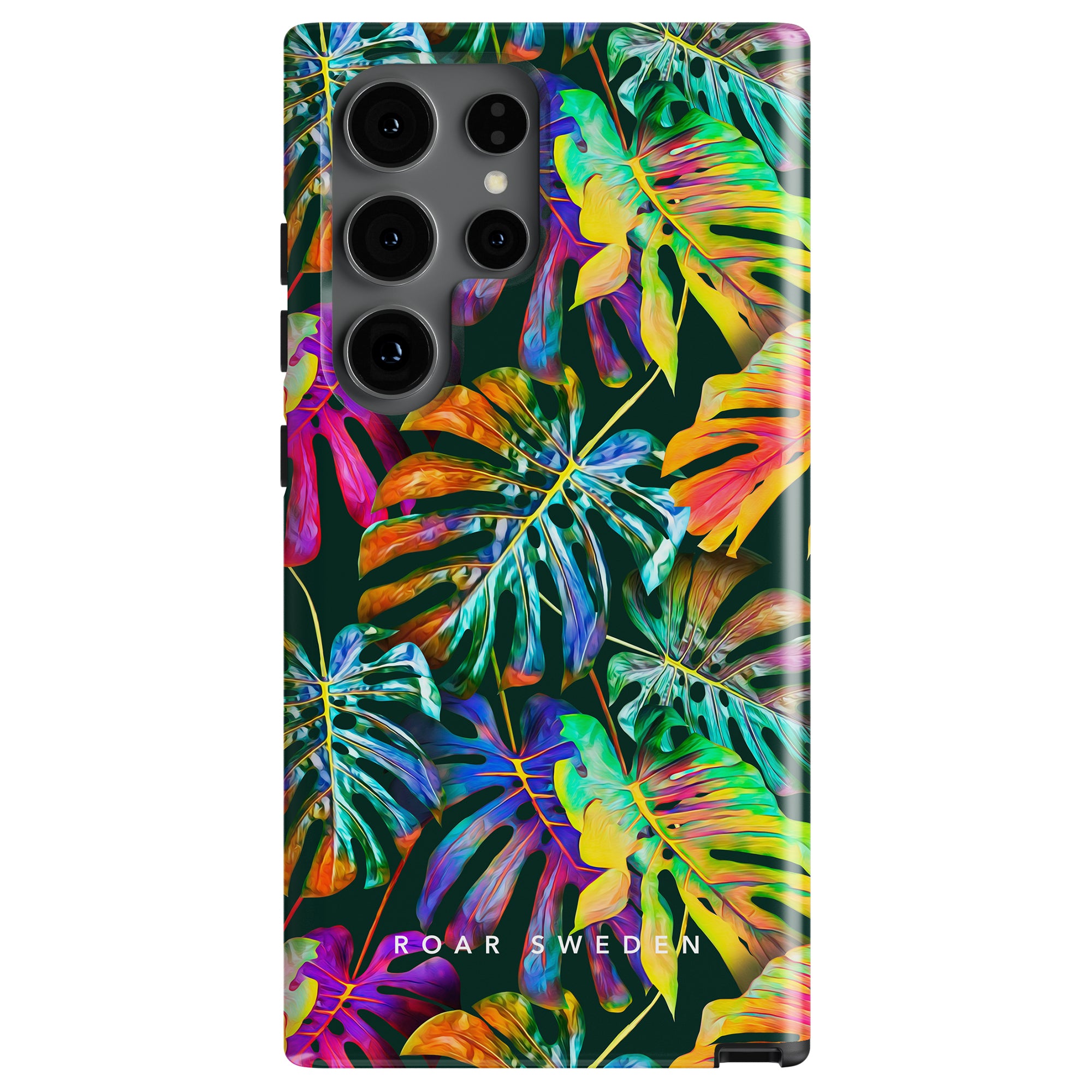 Vibrant Monstera - Tough case with a colorful tropical leaf design on a dark background, featuring the text "ROAR SWEDEN" at the bottom. This trendy och livlig look is made from högkvalitativt material.
