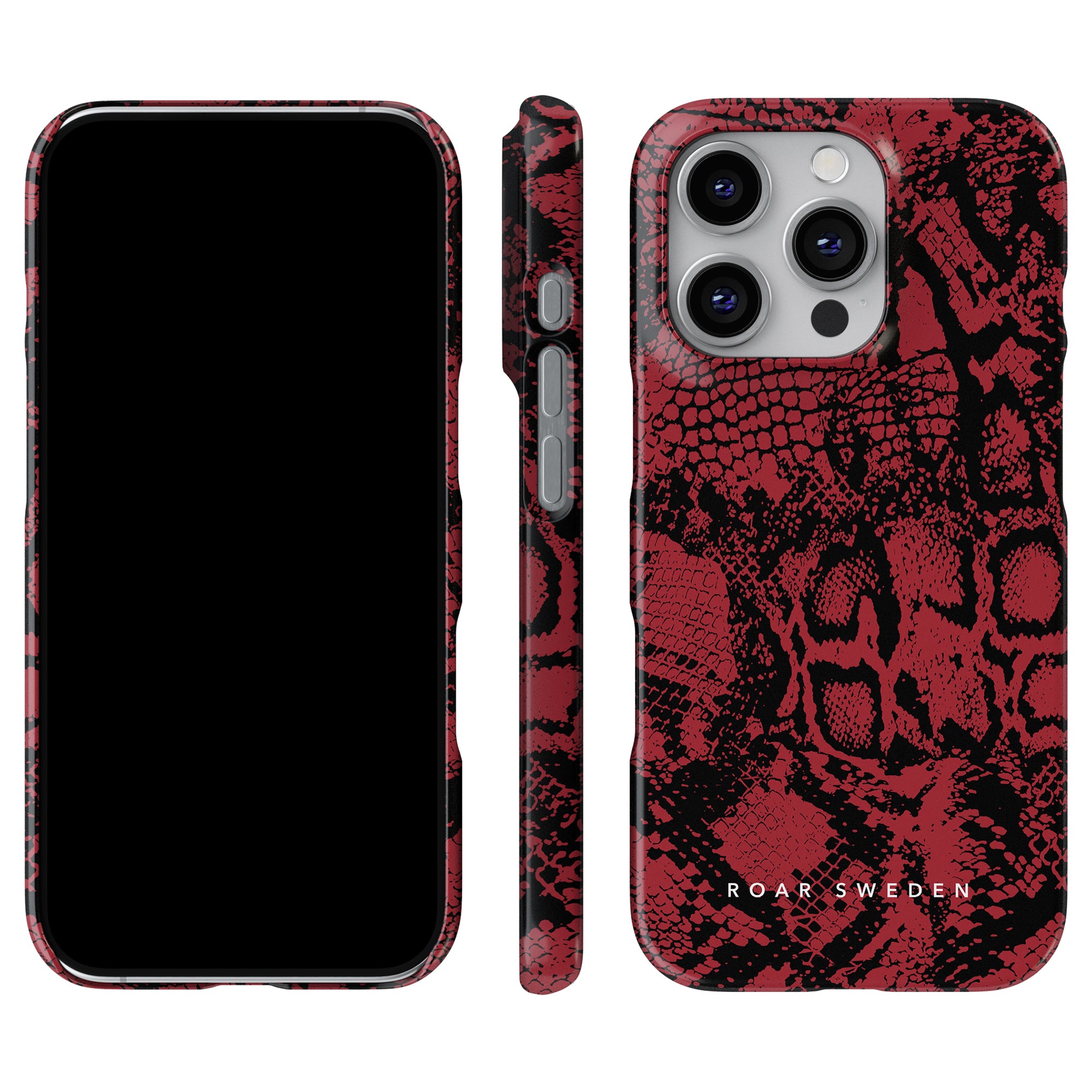 Three views of a smartphone with a red and black patterned texture case, labeled "ROAR SWEDEN—Viper - Slim case," showcasing top quality.