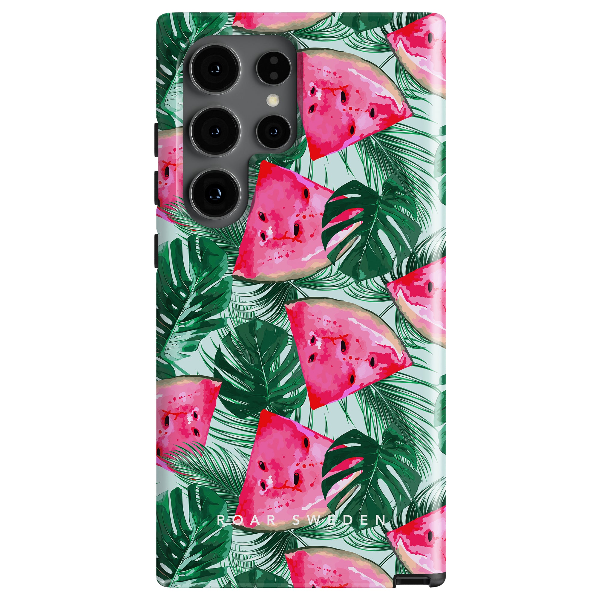 A Watermelon - Tough case with a design featuring watermelon slices and green tropical leaves (djungelblad) on a white background. The brand name "Roar Sweden" is printed near the bottom, providing both style and skydd för smartphone.