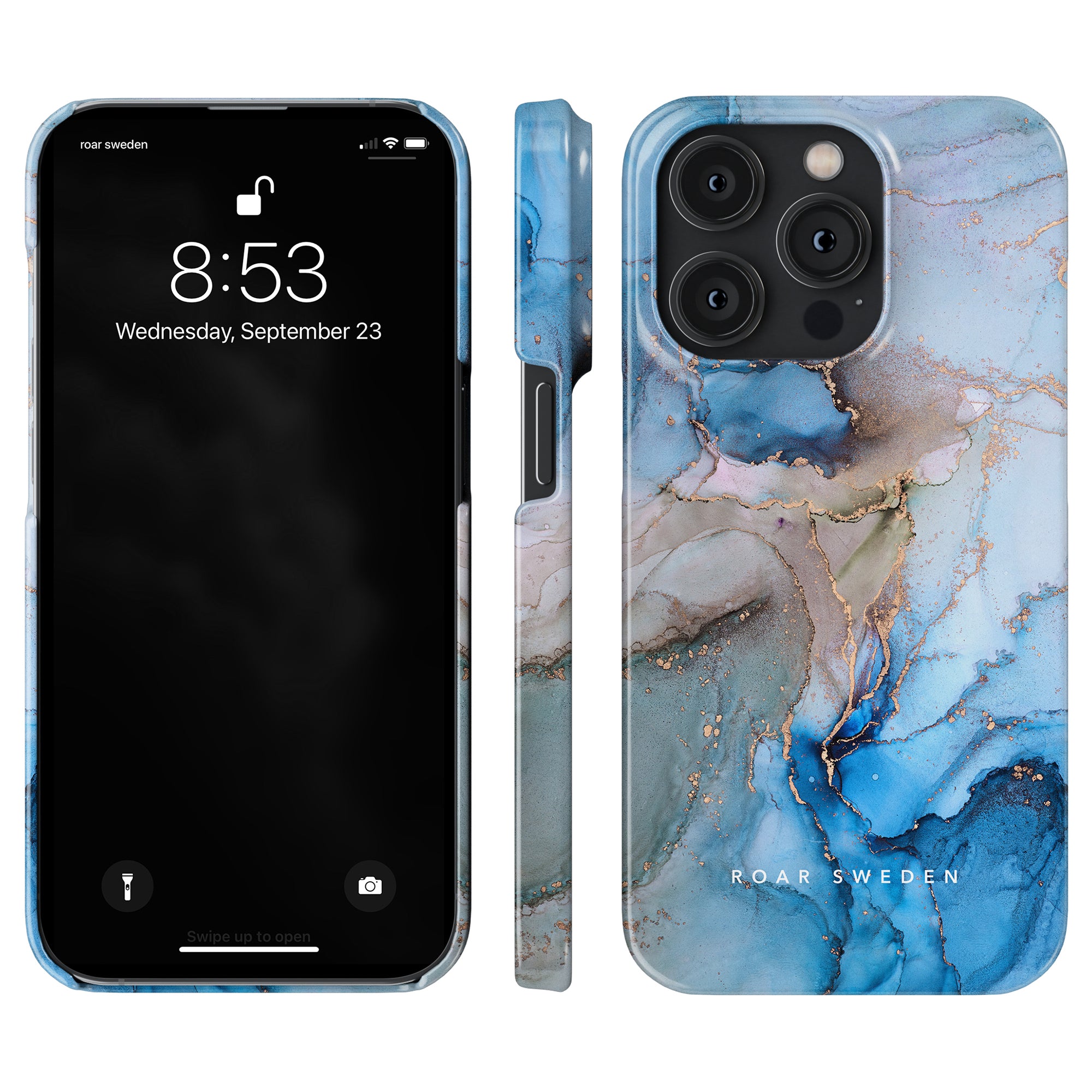 Smartphone with a vibrant blue and white marble-patterned Waves - Slim case by Roar Sweden shown from the front and back. The mobilskal elegantly frames the screen displaying time and date.