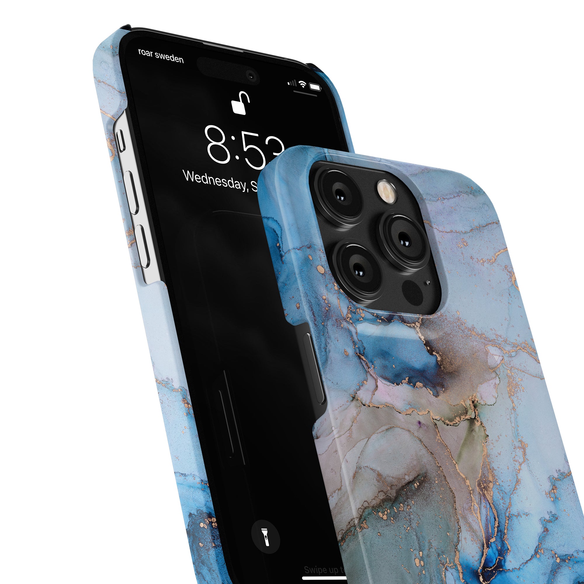 The smartphone is adorned with a vibrant marble-patterned Waves Slim Case. Its screen stylishly shows the time at 8:53 and the date as Wednesday, September 14. Crafted by Roar Sweden, this case merges artistic design with robust protection effortlessly.