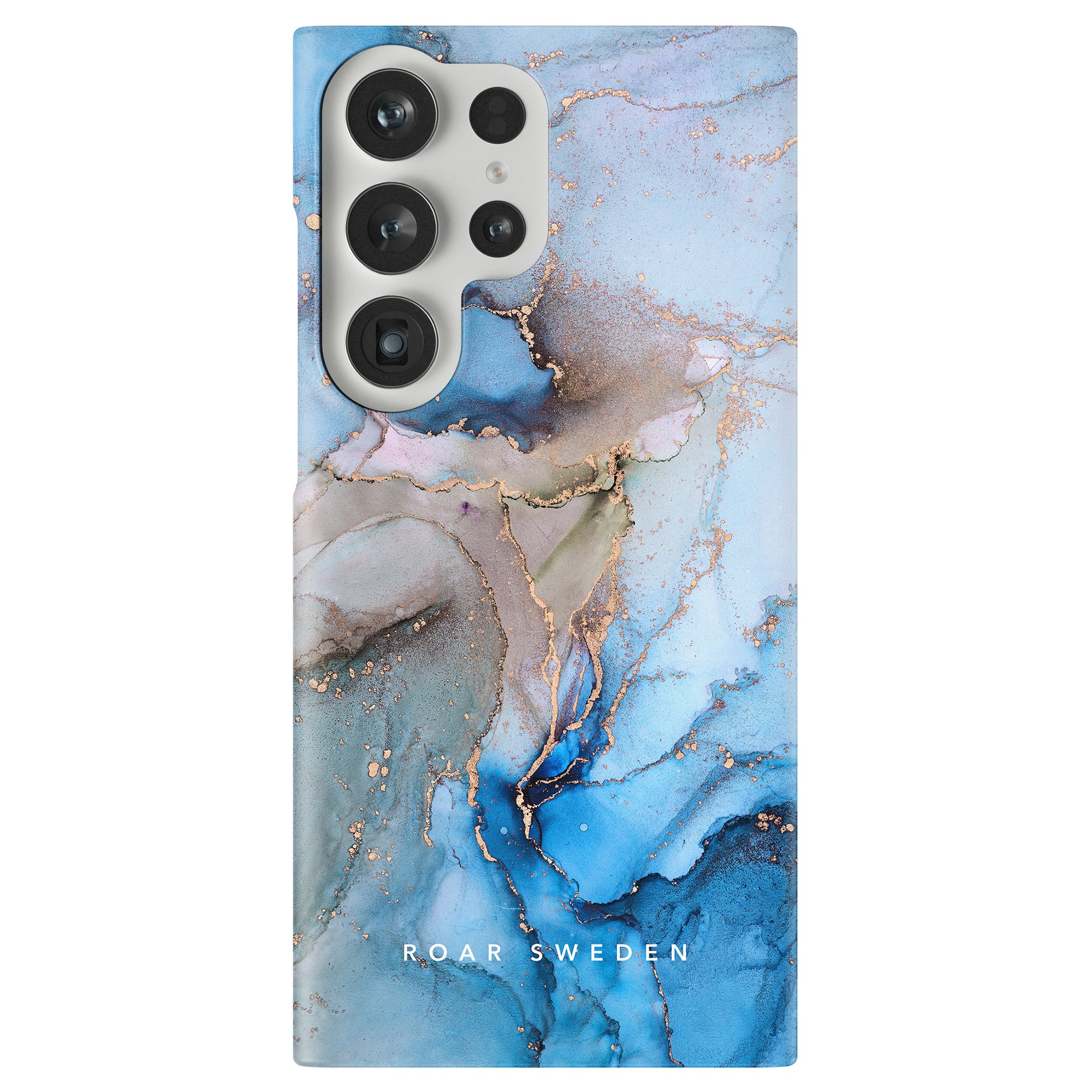 The Waves Slim Case for your smartphone features an abstract blue and gold marble design. It is equipped with multiple camera lens cutouts on the top left and prominently displays the "ROAR SWEDEN" branding at the bottom, making this mobilskal both stylish and functional.