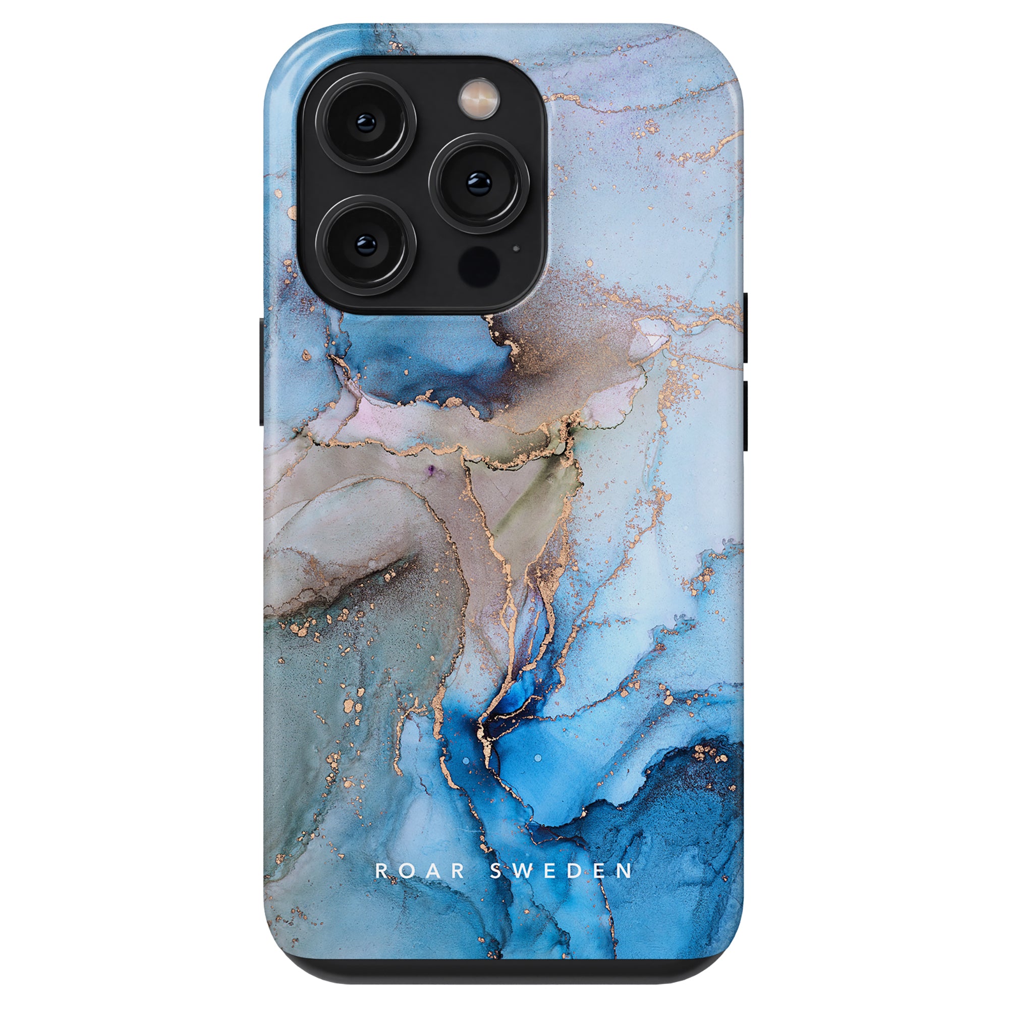 Waves - Tough Case: A smartphone case with a marble design in blue and gold tones, featuring the text "ROAR SWEDEN" at the bottom.