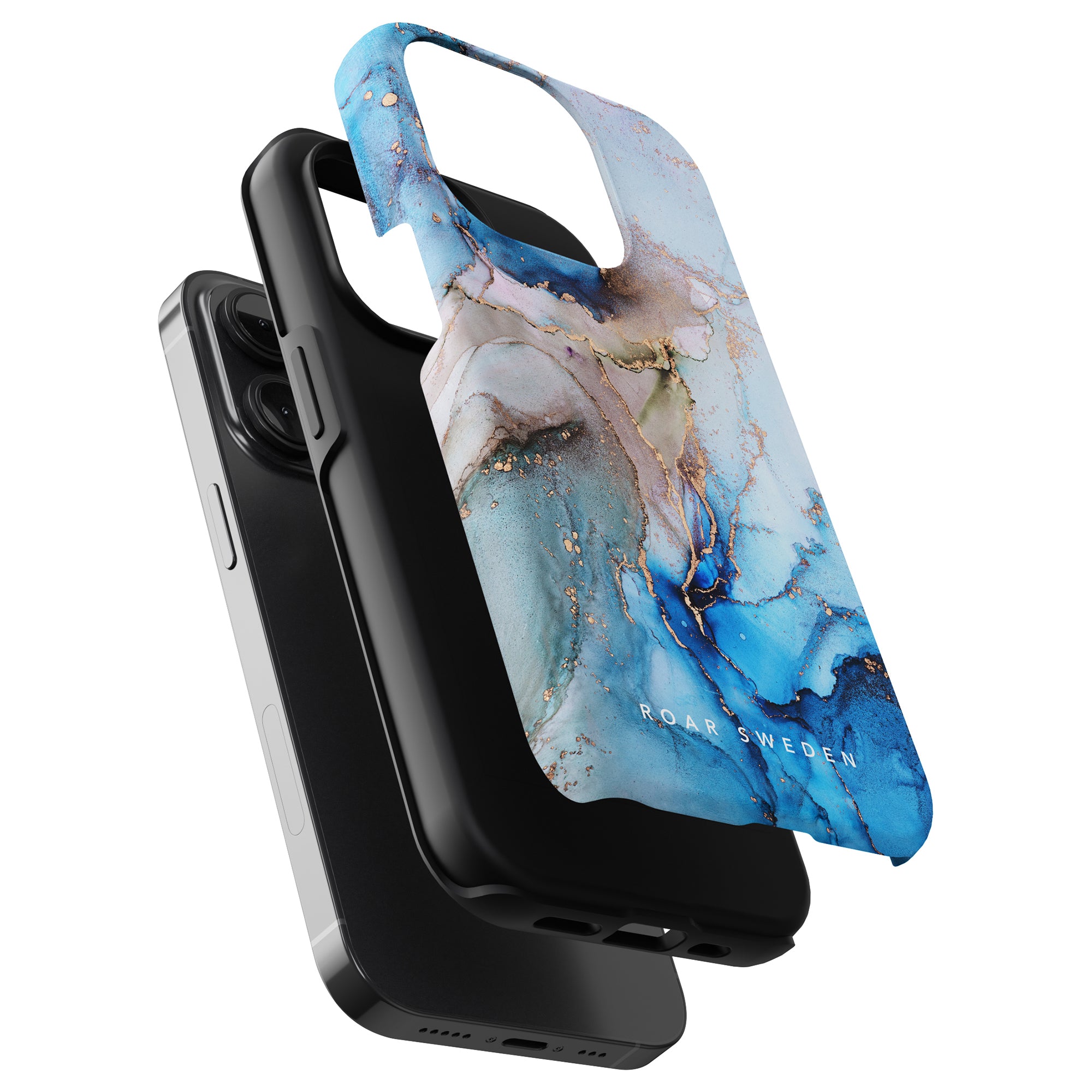 A stylish smartphone case collection is stacked high: the Waves - Tough Case featuring a chic blue marble design is on top, followed by a sleek solid black case, with a transparent case showcasing its precise camera cutout at the bottom.