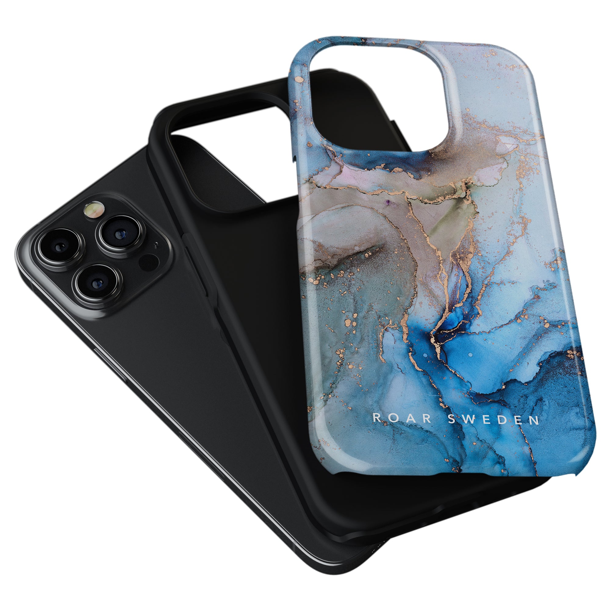 Two "Waves - Tough Case" smartphone cases, each featuring a stunning blue and gold abstract marble design.