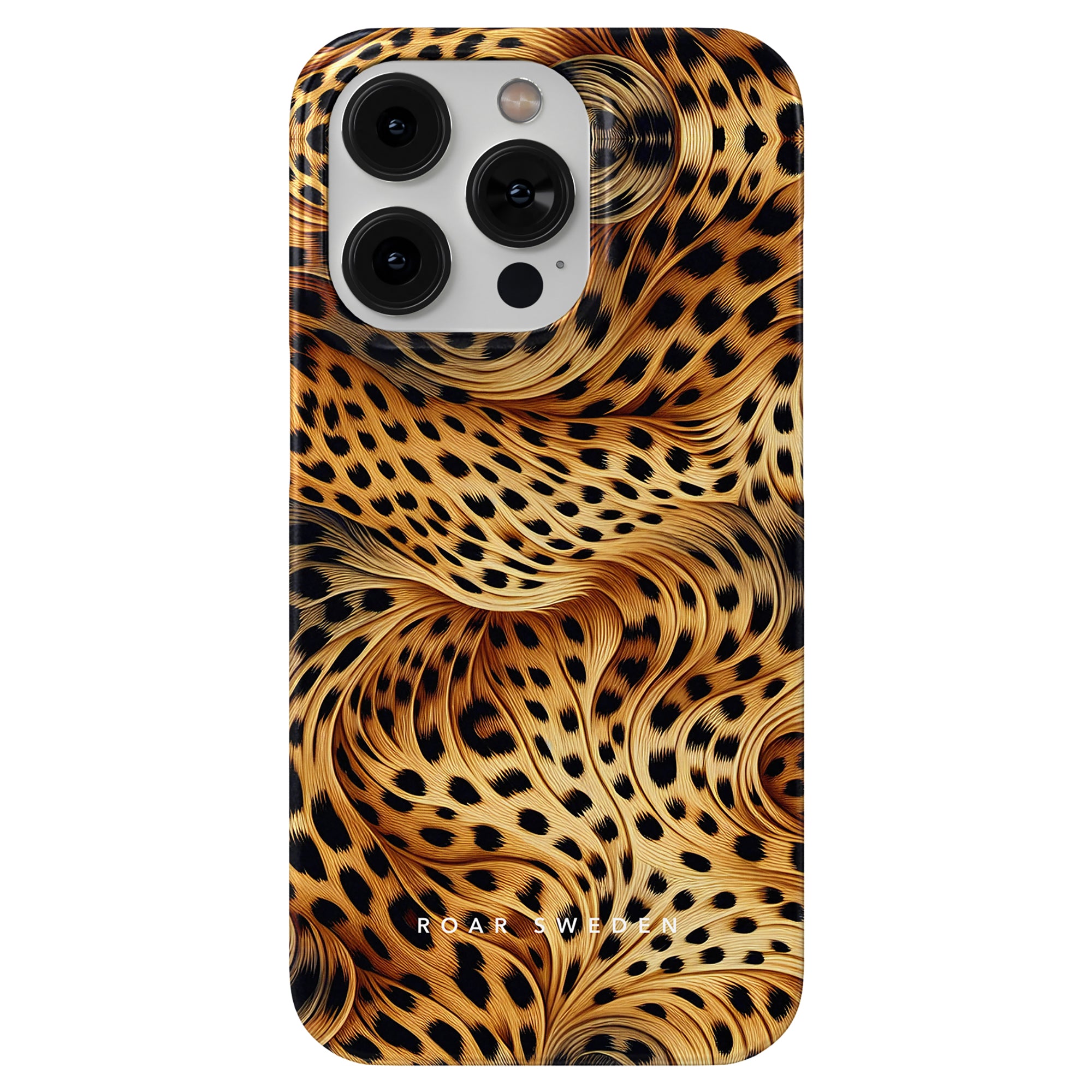 A smartphone with a Wavy Leopard - Slim case featuring a gold and black leopard print pattern and the text "ROAR SWEDEN" at the bottom, part of the Leopard Collection.