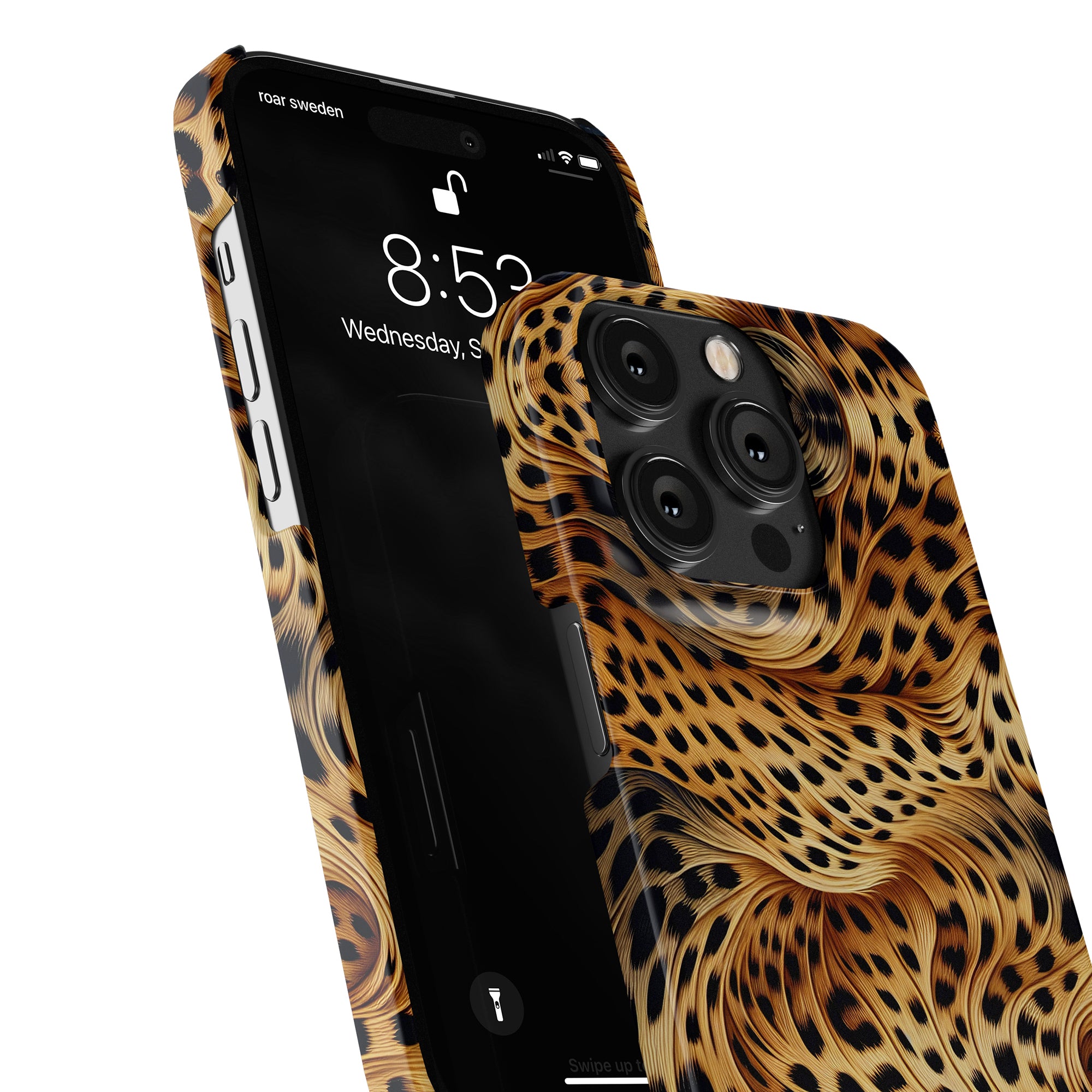 Close-up of a smartphone with a black screen displaying the time and date, encased in a Wavy Leopard - Slim case from the Leopard Collection, featuring intricate patterns resembling leopard spots.