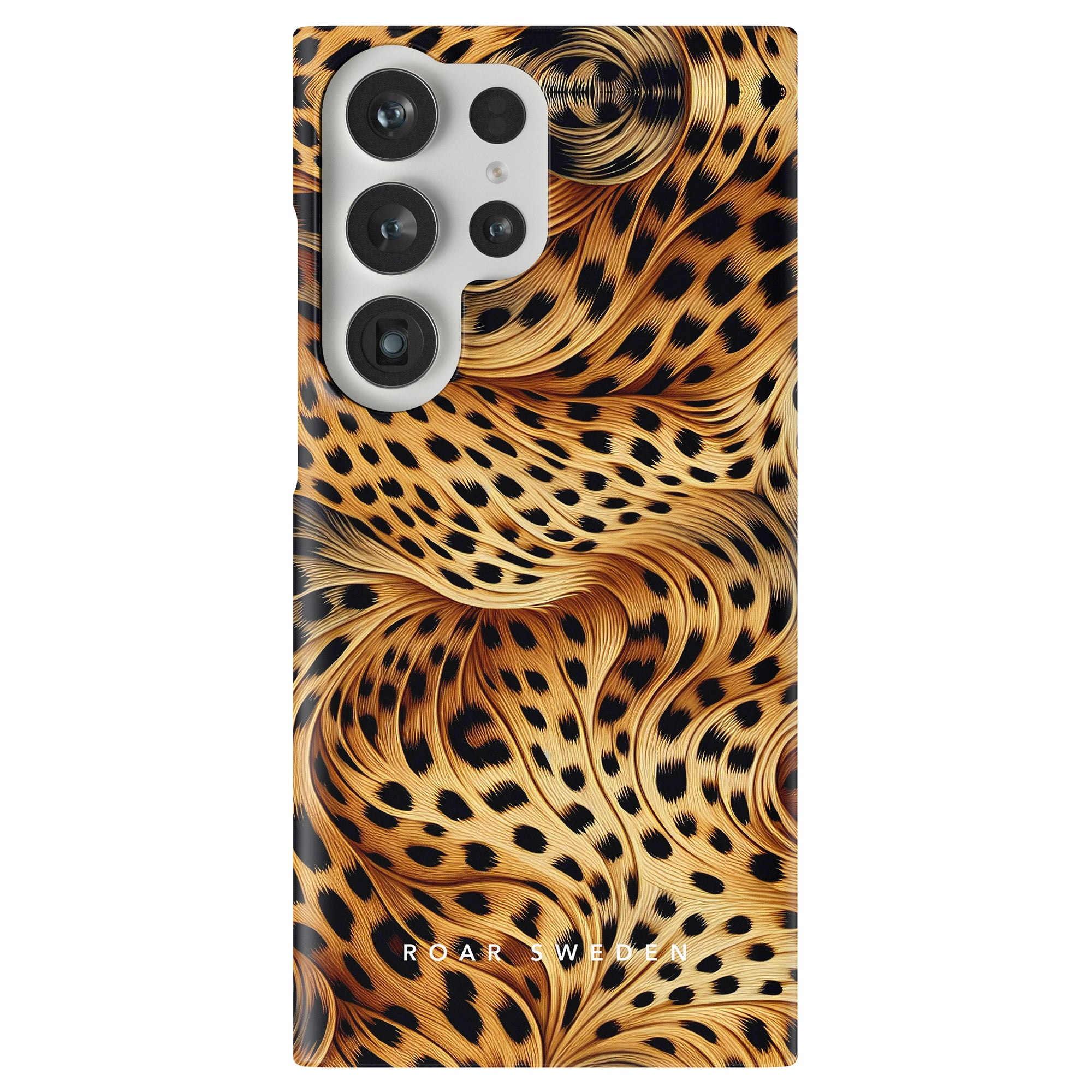 A smartphone adorned with a camera module and protected by the Wavy Leopard - Slim case, which boasts a striking cheetah print as part of the Leopard Collection and features the text "ROAR ★ SWEDEN" at the bottom.