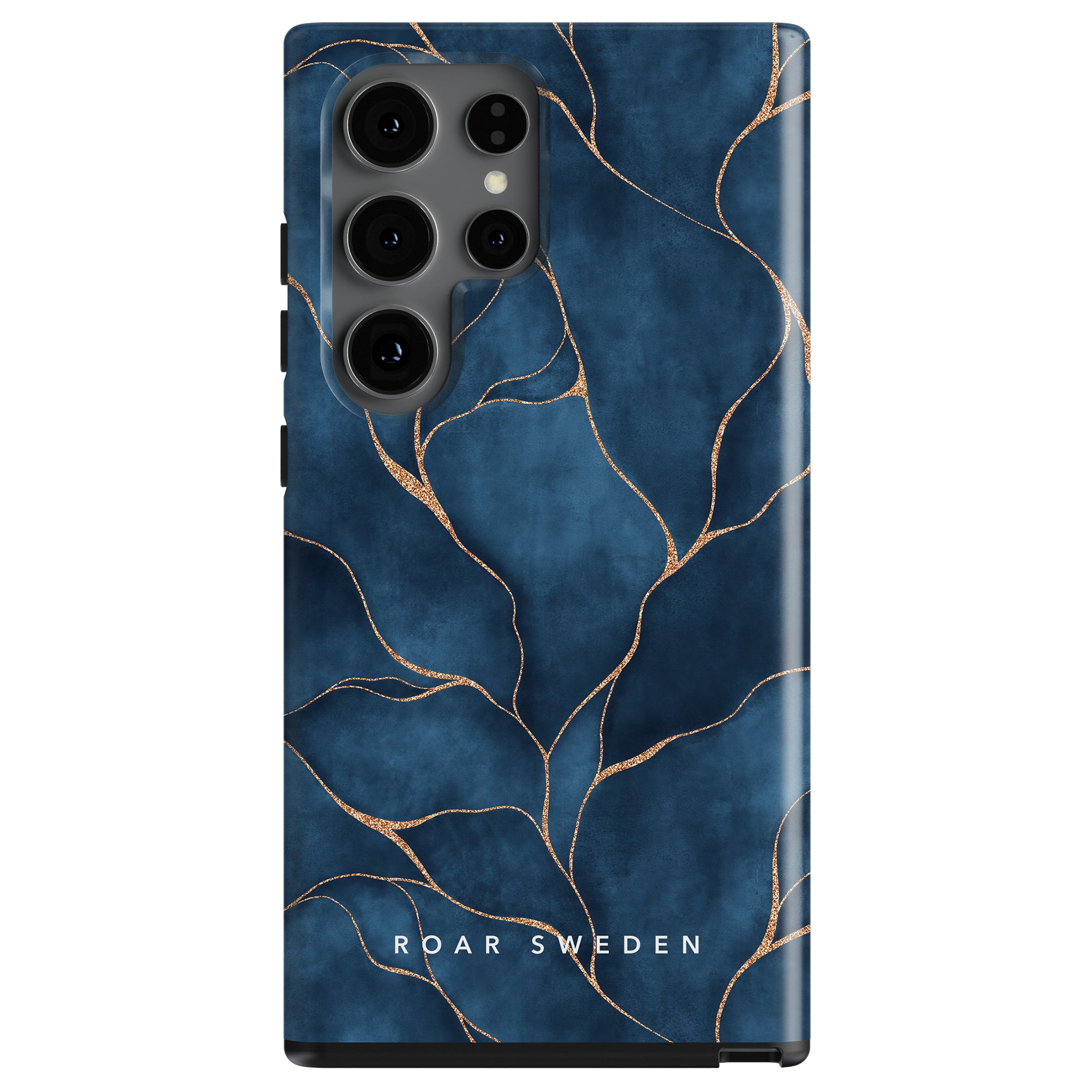 Yggdrasil - Tough Case with a blue and gold marbling design containing the text "roar Sweden.