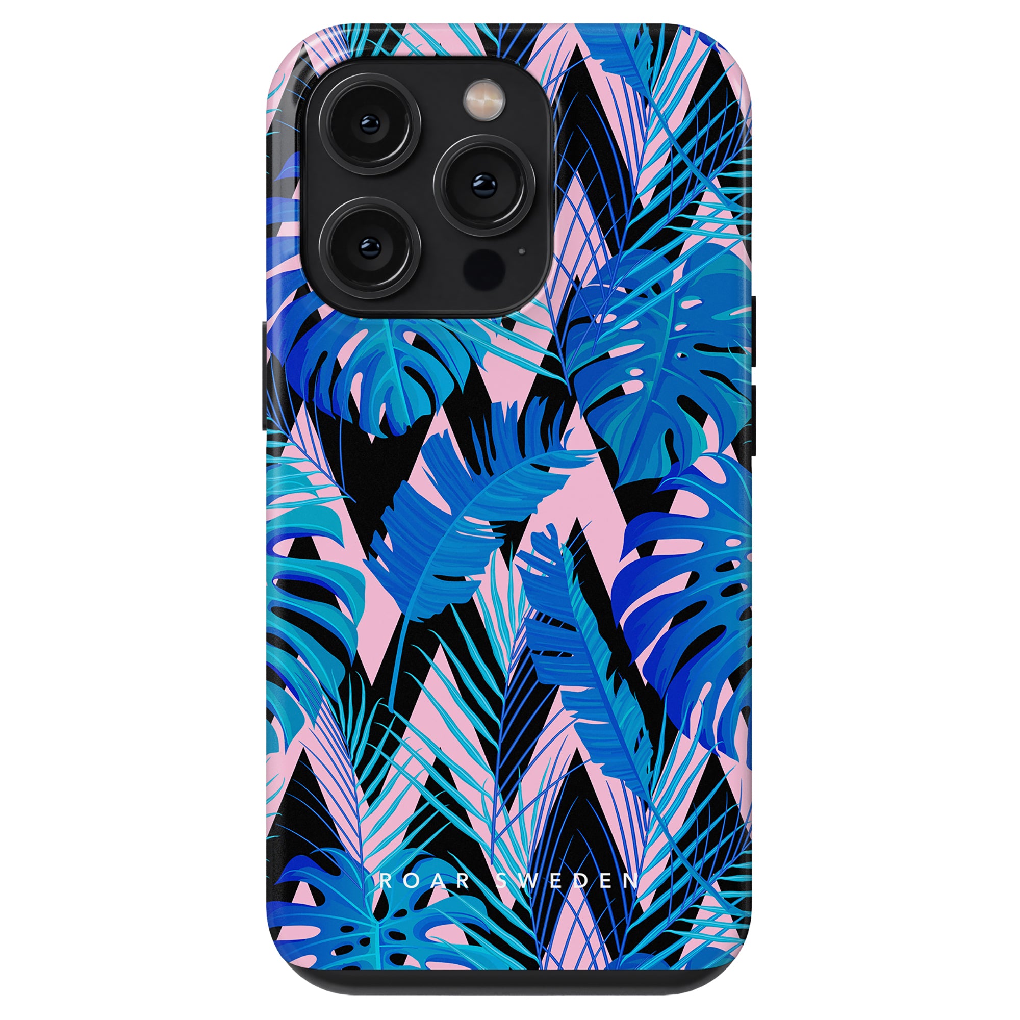 En Zigzag - Tuff telefonfodral prydd med palmblad i nyanser av blått och rosa.