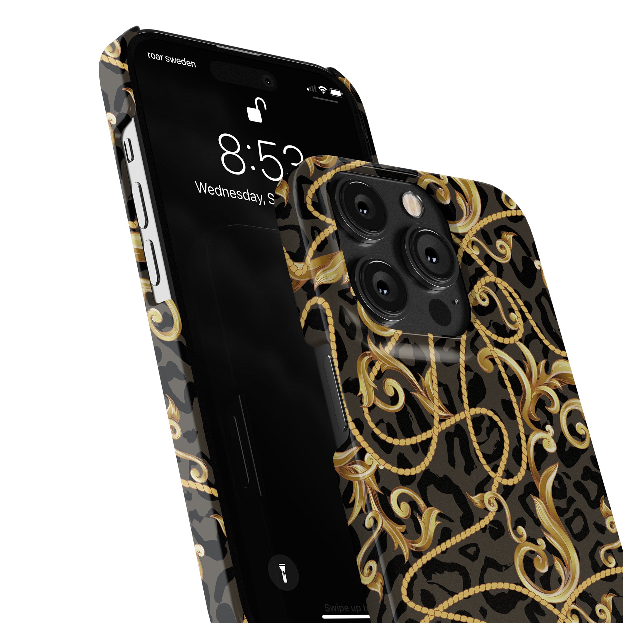 Ett barock - slimmad fodral för smartphone, med en utsmyckad design i svart och guld.